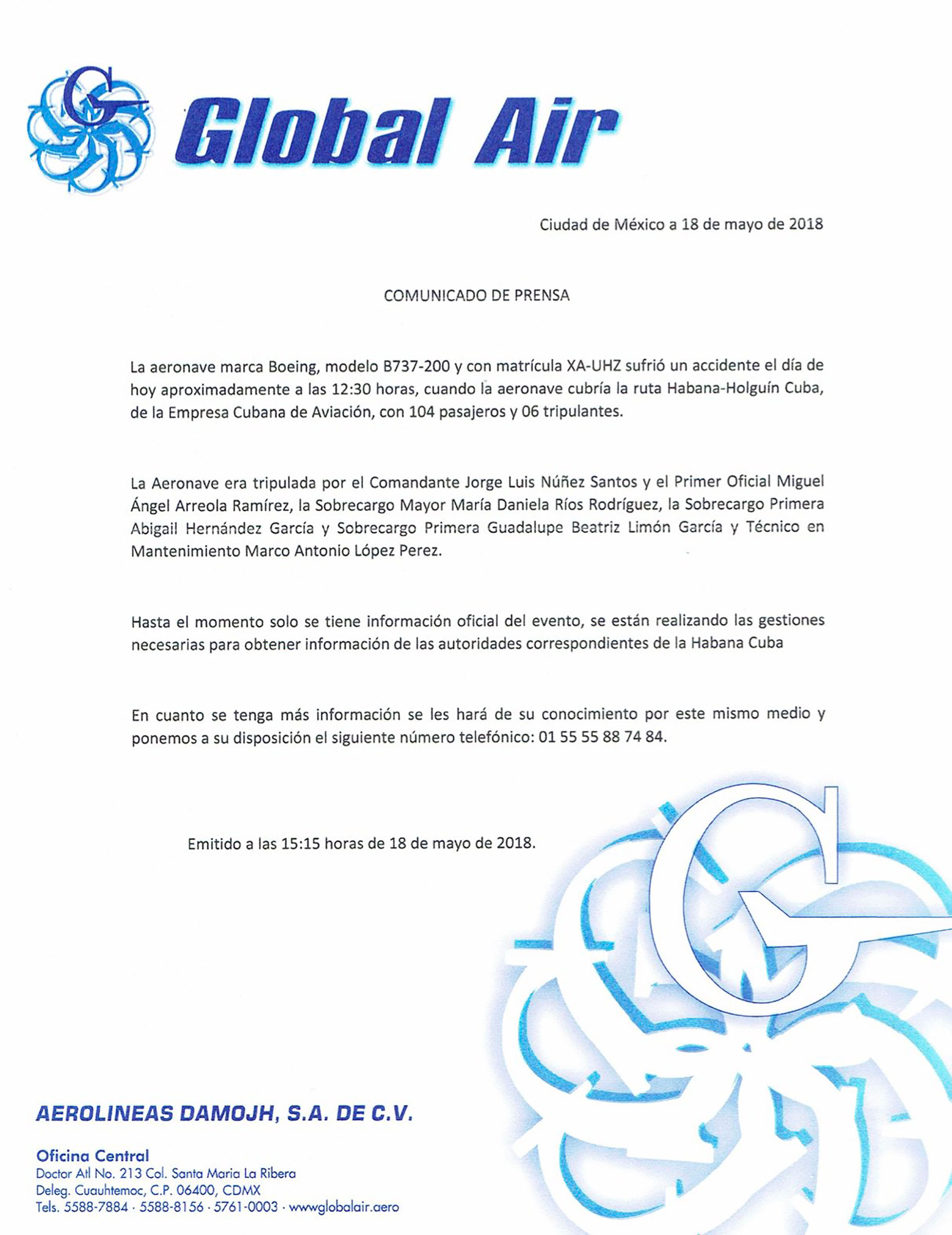 El comunicado de Global Air, la empresa propietaria del avión accidentado