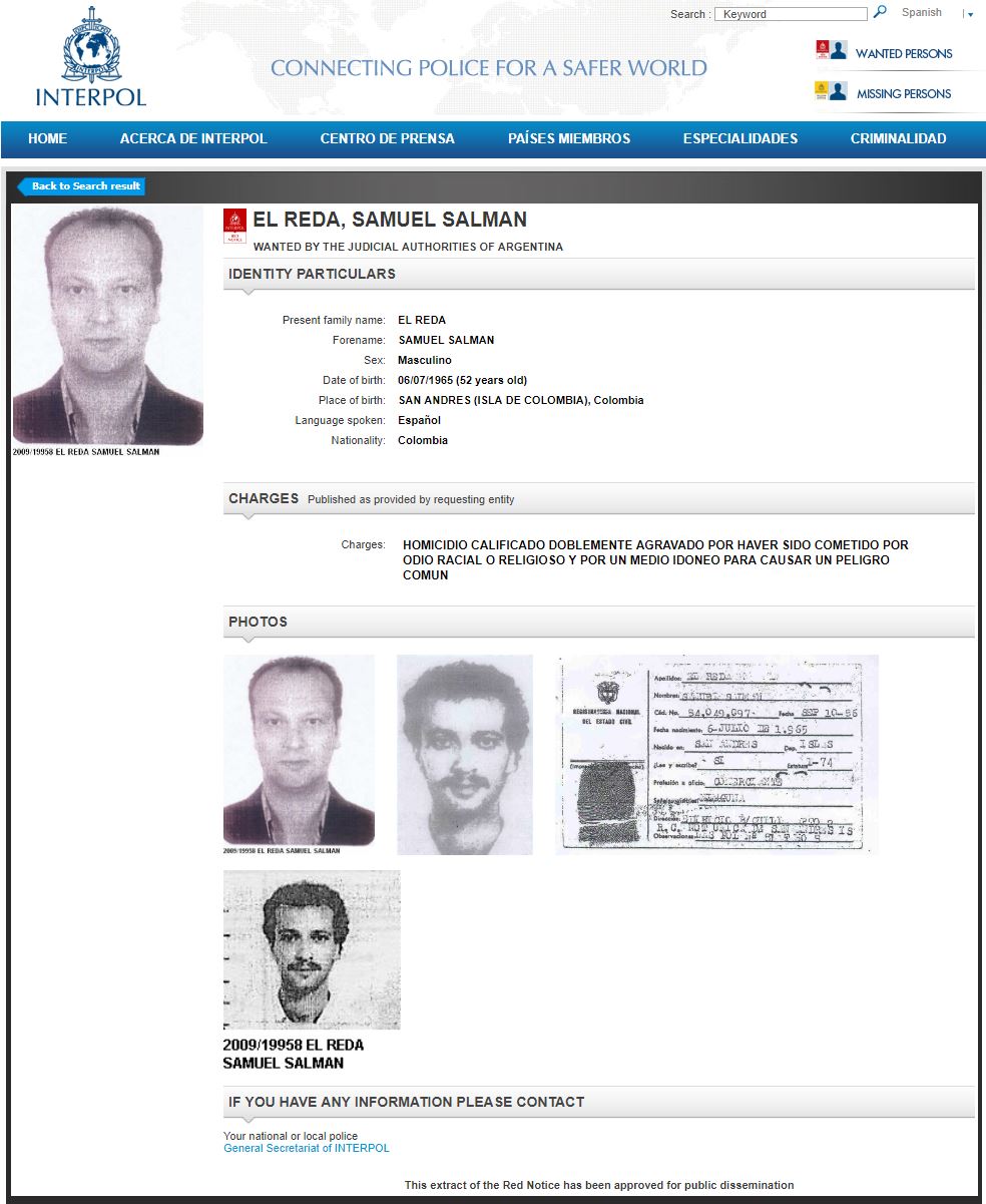 La ficha de alerta que Interpol tiene de Samuel Salman El Reda