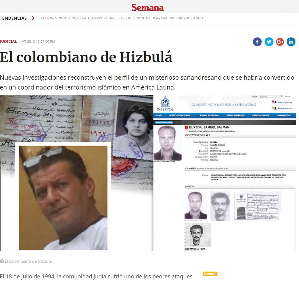 “El colombiano de Hizbulá”, la nota de la revista Semana que hace referencia a Samuel Salman El Reda y sus vínculos con el ataque terrorista a la AMIA y el narcotráfico