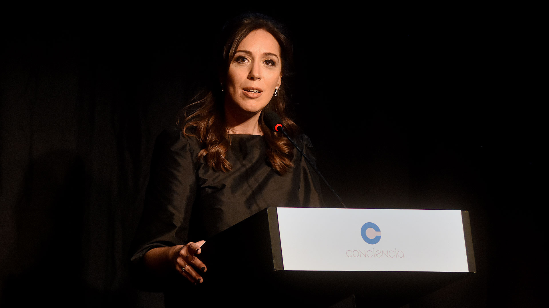 La gobernadora de la provincia de Buenos Aires, María Eugenia Vidal, durante su discurso en el que destacó que Conciencia viene trabajando hace 35 años, junto a gobiernos de todos los partidos políticos. “La educación, que ha sido el eje de Conciencia, es la que más desafíos nos plantea hoy. Los chicos menores de 18 años probablemente no sepan de qué van a trabajar en el futuro, porque esos trabajos aún no se han creado. Por eso, es importante prepararlos con una capacidad de adaptación mayor a la que tuvimos nosotros, y mucho más que nuestros padres y nuestros abuelos. Frente a este cambio veloz, sí hay una respuesta que se puede mantener a través de los años, y es la que Conciencia ha venido dando a lo largo de su trayectoria: la de los valores. El valor del esfuerzo, de la participación, del compromiso, del mérito, de la honestidad, son los valores que desde Sarmiento hasta acá hicieron que la educación argentina sea la mejor de América Latina”