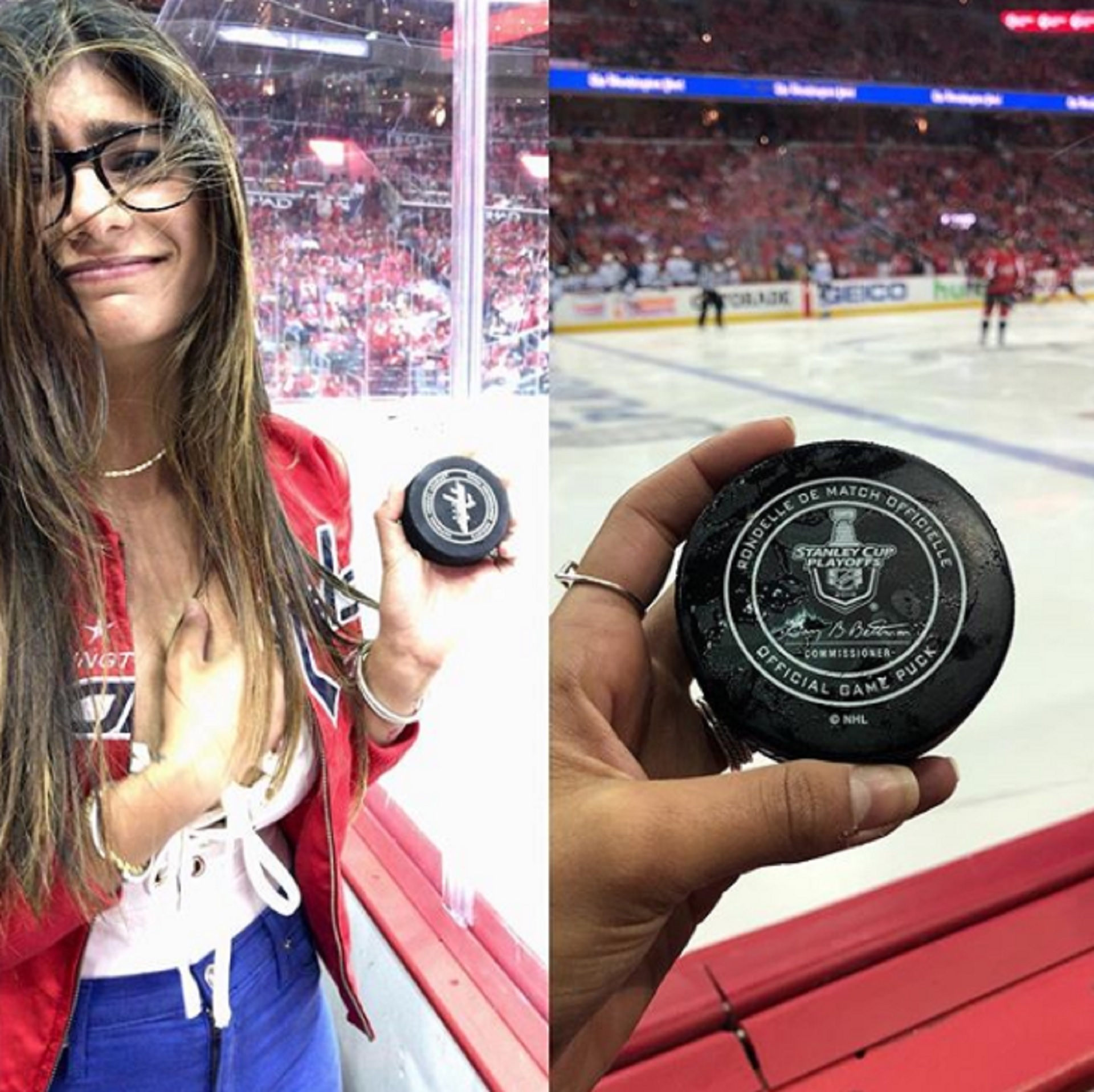 En una mano, la ex actriz porno libanesa Mia Khalifa sostiene un disco de hockey sobre hielo; con la otra se toma un pecho. Y una cosa tiene que ver con la otra, desafortunadamente… Porque en medio de un partido de la NHL un disco superó los límites de la cancha y fue a impactar de lleno en la humanidad de Mia, rompiéndole un implante mamario. Por fortuna, ya está mejor