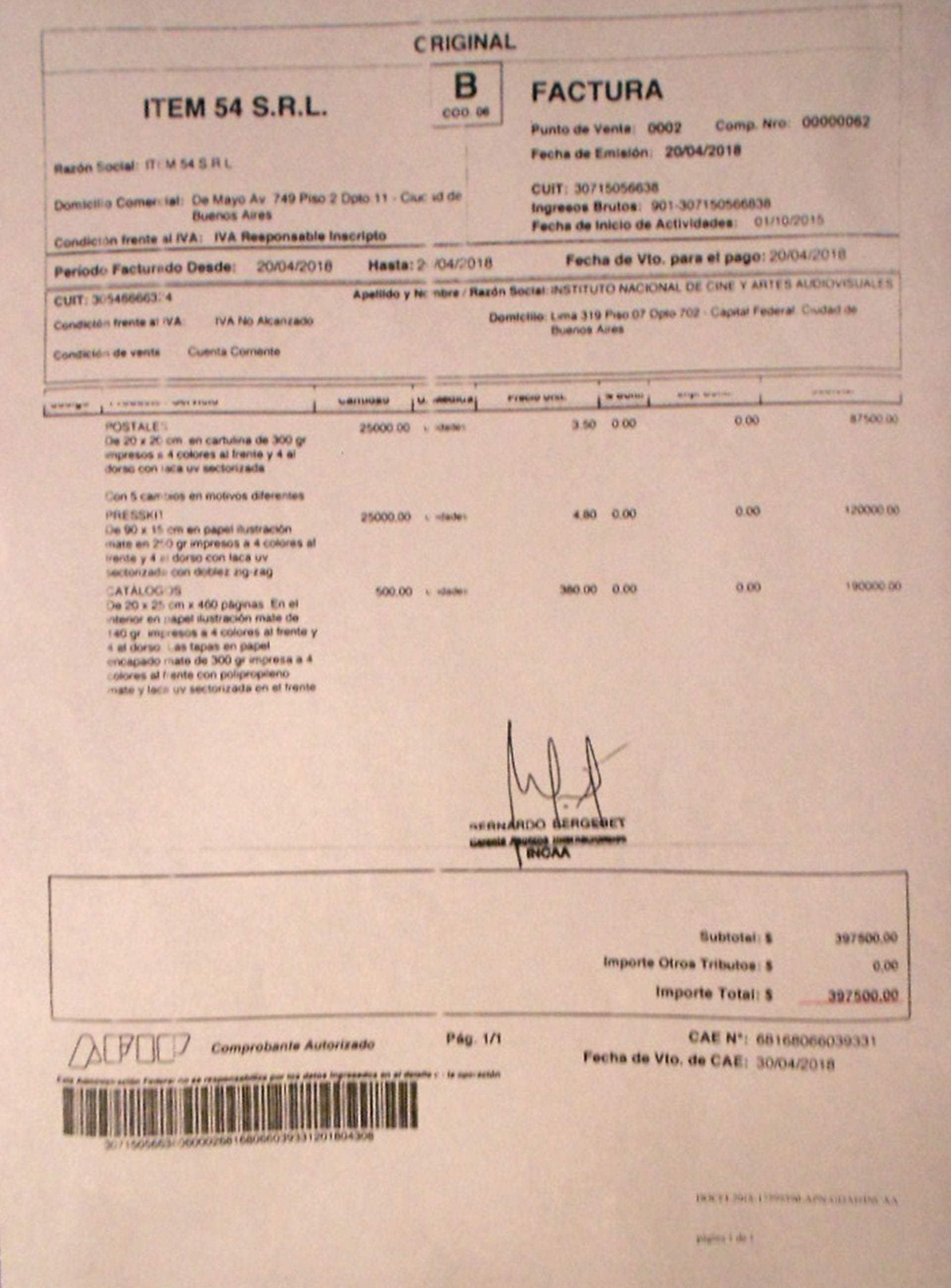 Una de las facturas que lleva la firma de Bergeret. El gerente afirma que “son truchas”