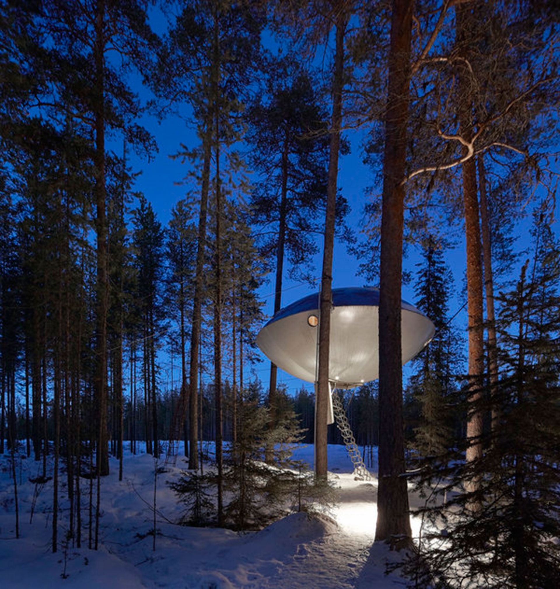 Treehotel (Harads, Suecia). Cada habitación es una casa del árbol perdida en el bosque. Se destaca especialmente esta, con forma de ovni (Hufton+Crow/View Pictures/UIG via Getty Images)