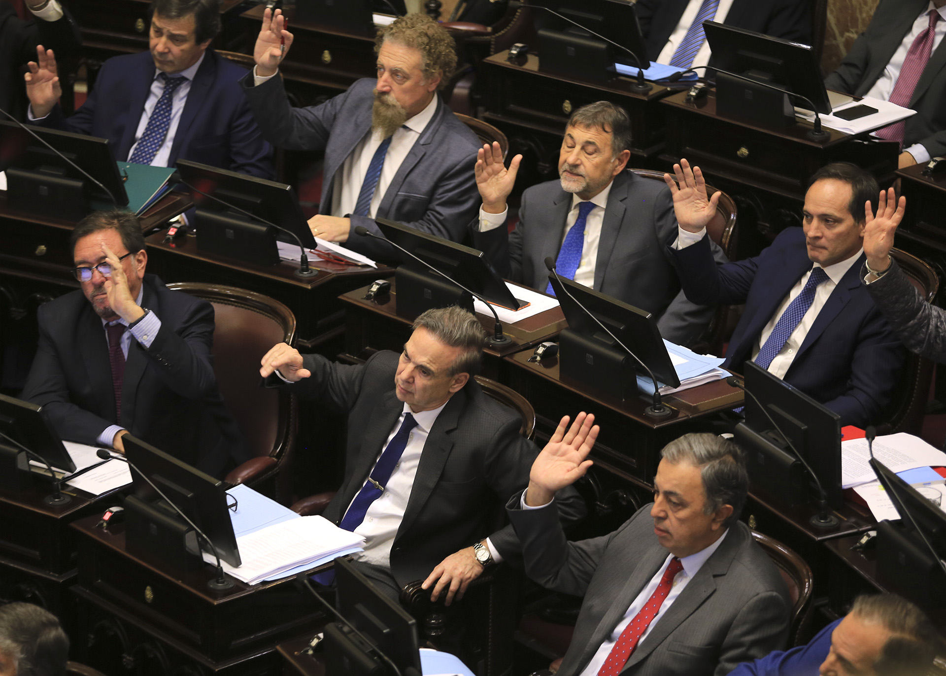 Senadores justicialistas votan durante el debate de la Cámara alta sobre el proyecto de la oposición para morigerar la suba de tarifas.