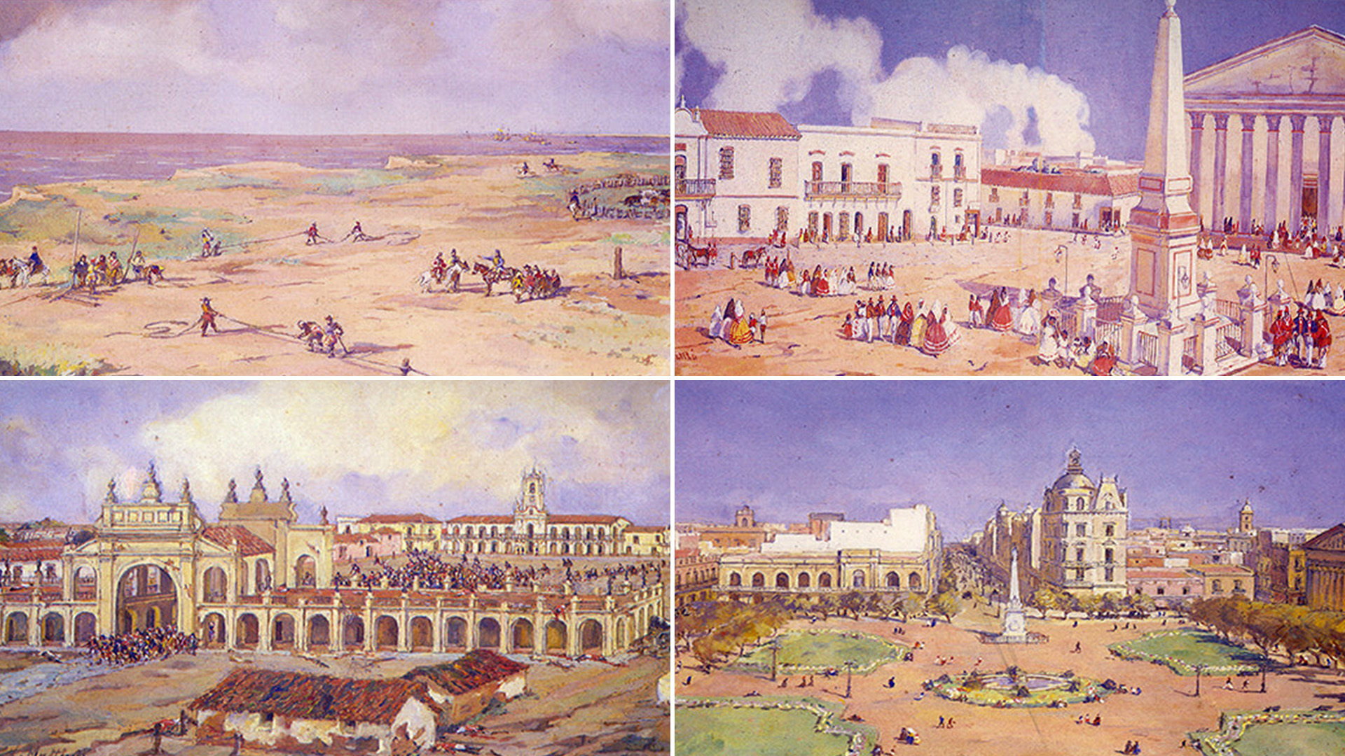 La Plaza de Mayo en diferentes épocas: arriba, siglo XVII; abajo, siglos XVIII y XIX