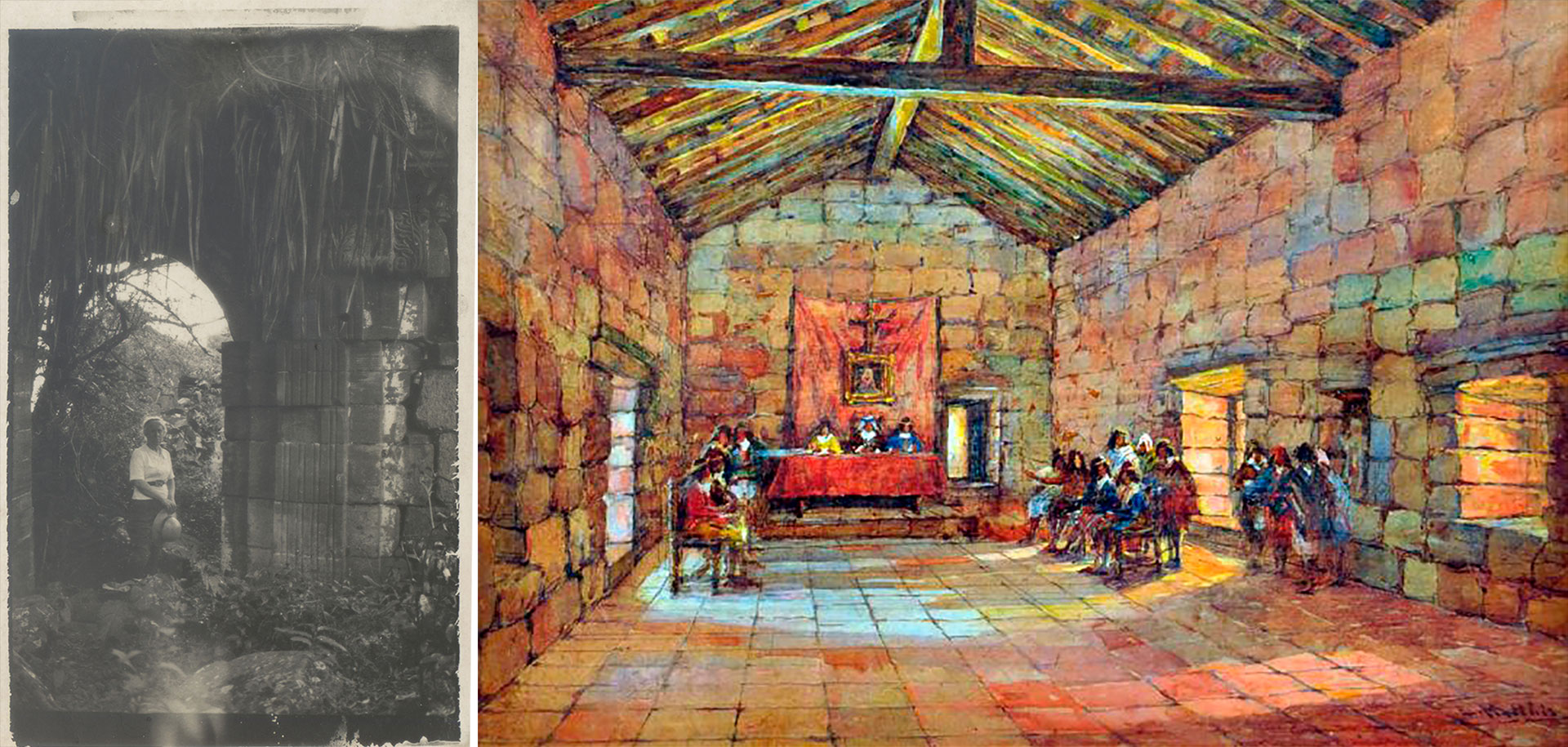 Matthis en las ruinas de San Ignacio, en Misiones, y el cuadro “Reunión de Caciques, Misiones Jesuíticas”, de 1930