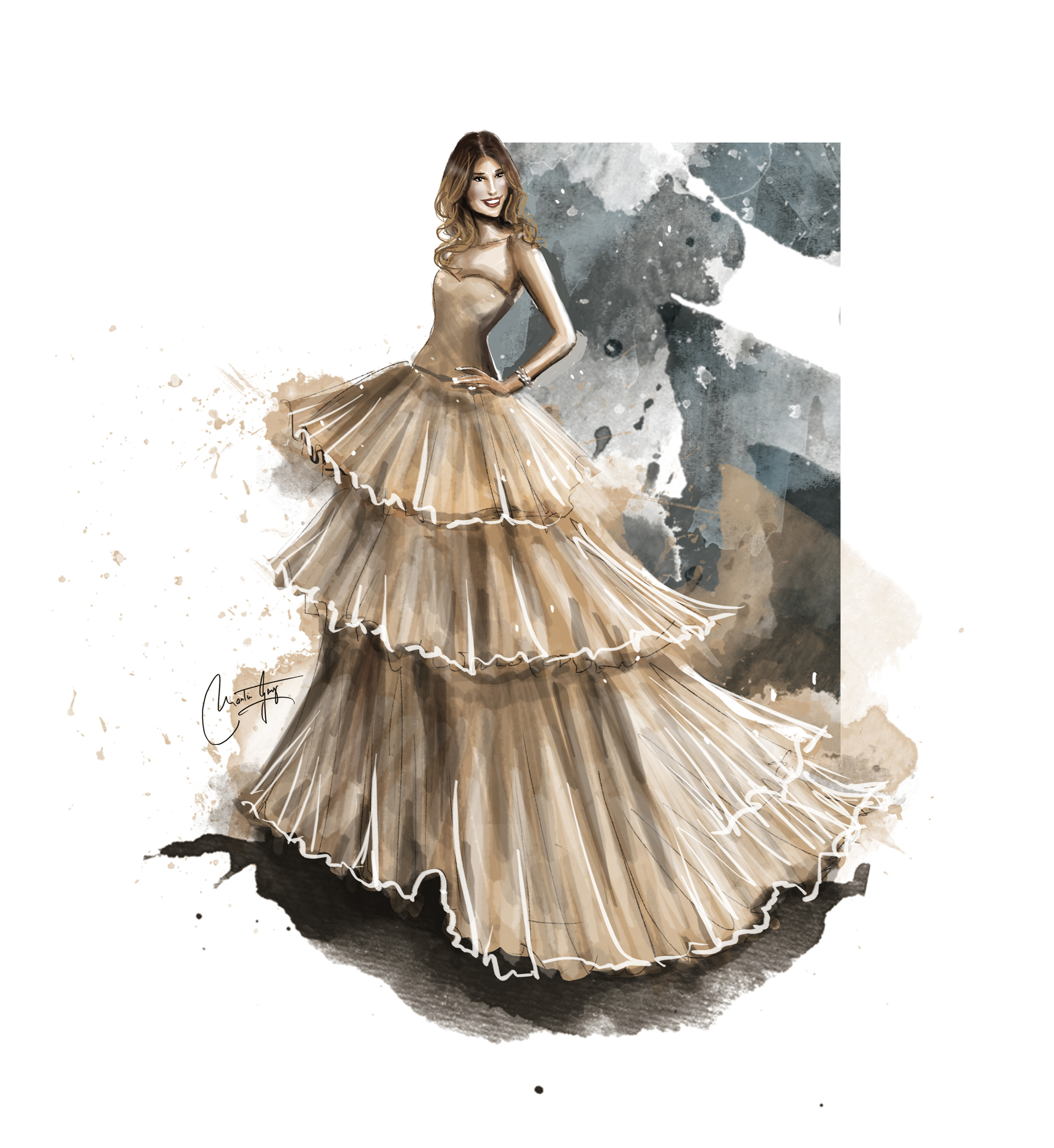 La ilustración del diseño de Javier Saiach de Pampita por Georg de capas y capas de tul. “Me dejé llevar por el vuelo y el volumen que parecía salidos de un cuento, las acuarelas hicieron su magia sobre su figura”, reveló el dibujante