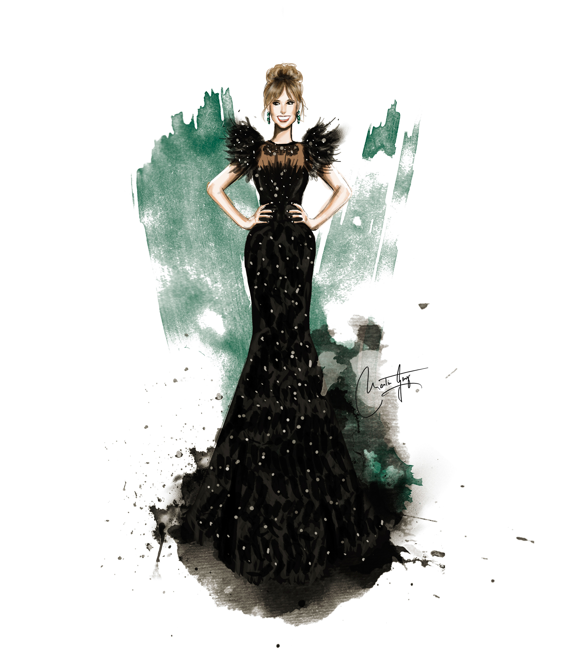 Mariana Fabbiani también tuvo la ilustración del creativo sobre su vestido de los Martín Fierro de Gabriel Lage