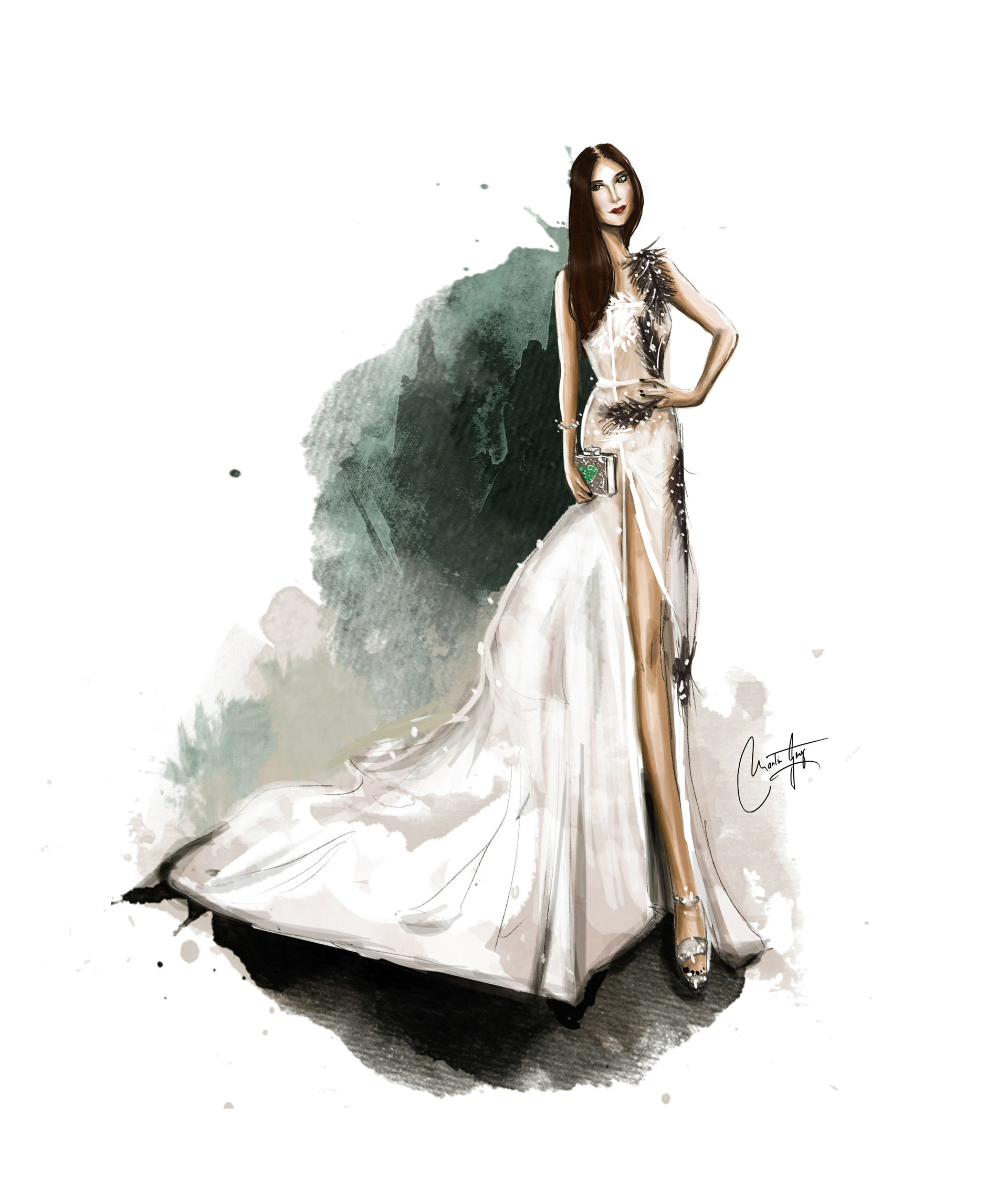 La ilustración de Martín Georg en exclusiva para Infobae del vestido de Zaira Nara by Marcelo Giacobbe