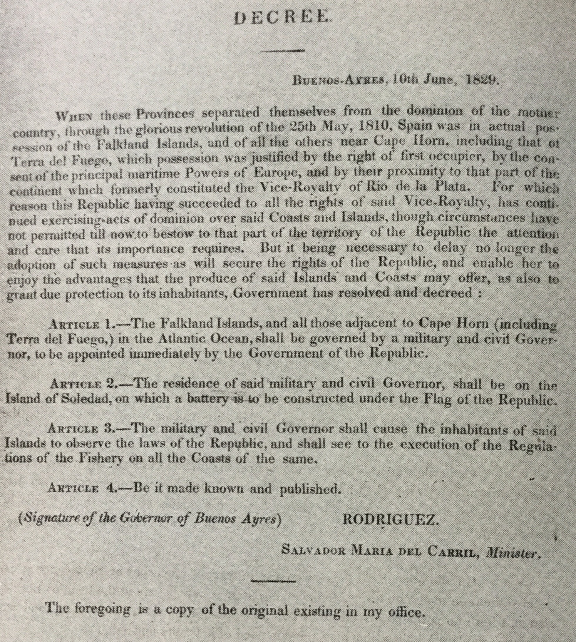 El documento del 10 de junio de 1829