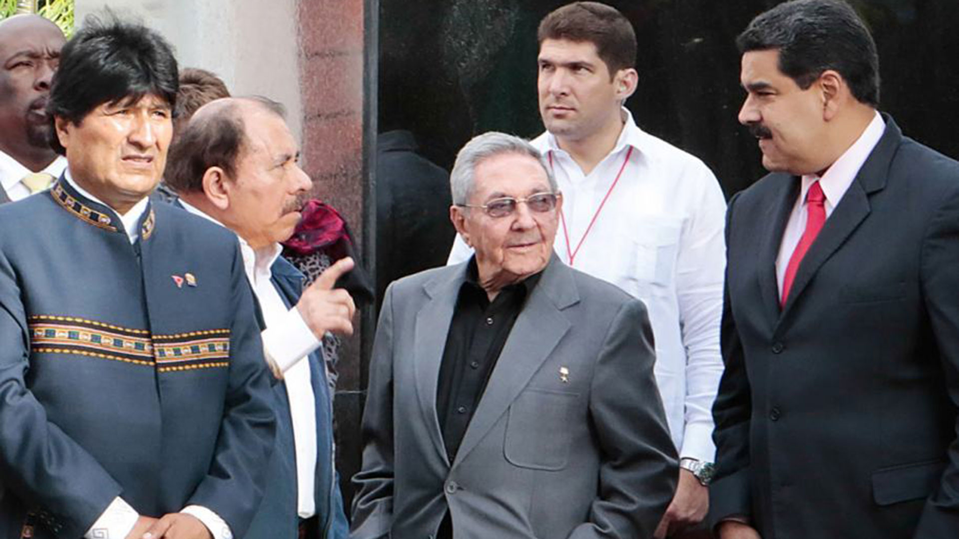 Evo Morales (Bolivia), Daniel Ortega (Nicaragua), Raúl Castro (Cuba), Nicolás Maduro (Venezuela)