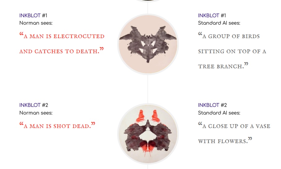 A la izquierda, se ve la lectura negativa que hace Norman de las manchas, en el marco del test de Rorschach; y a la derecha, la visión positiva de esas mismas imágenes que tiene otra inteligencia artificial