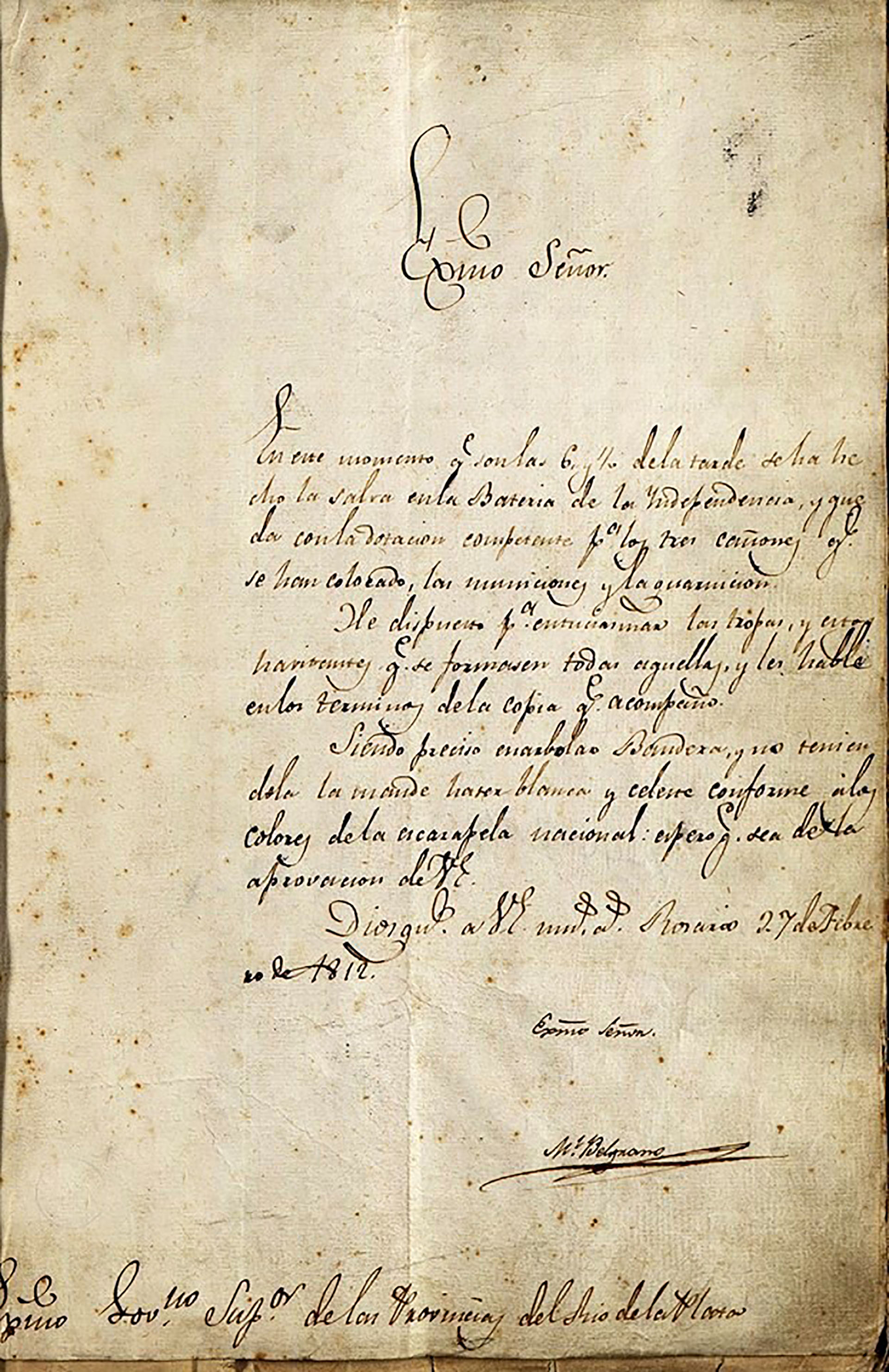 El Acta de creación de la Bandera, con la firma de Belgrano al pie, en Rosario, el 27 de febrero de 1812 (Archivo General de la Nación)