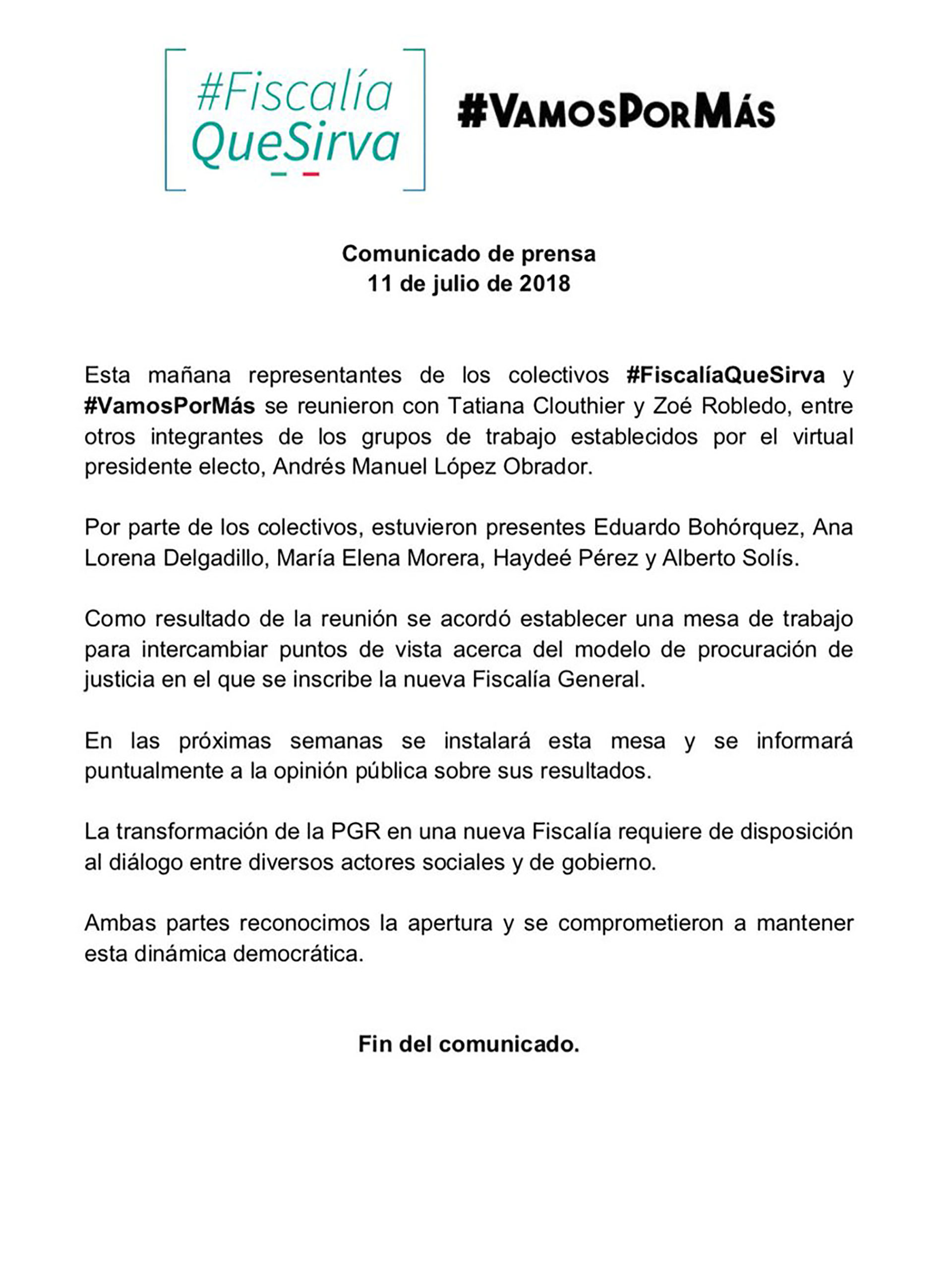 Comunicado de prensa que anunció el diálogo con el equipo de transición de López Obrador.