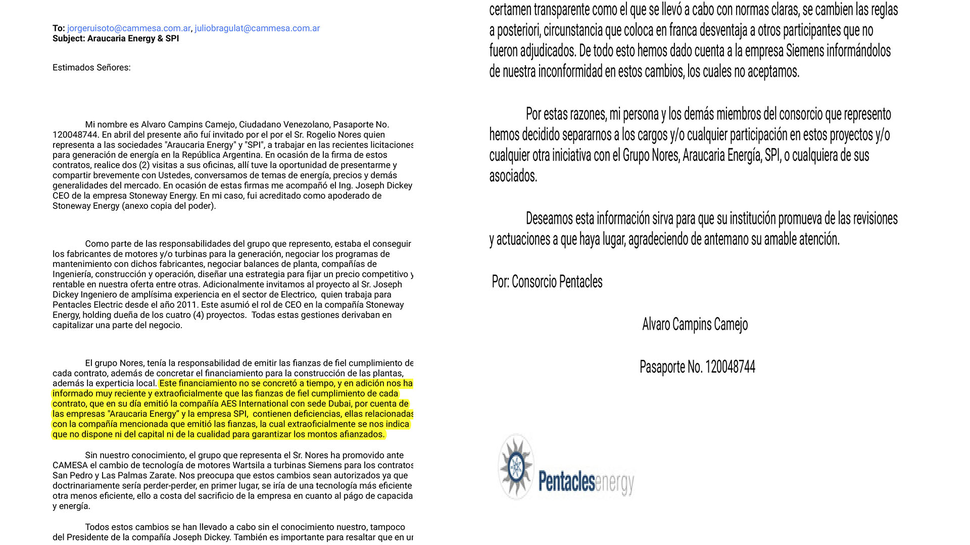 Araucaria Energy & SPI nota de Alvaro Campis Camejo termoelectricas investigacion ambas hojas