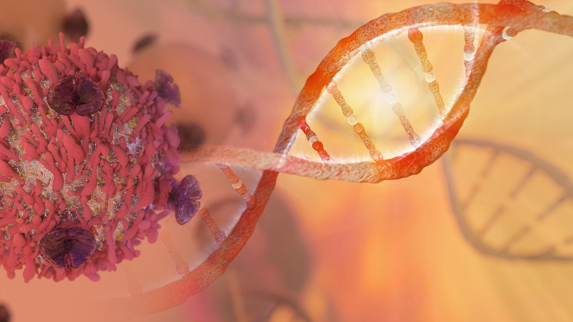 DNA strand and Cancer Cell Oncology Research Concept 3D rendering