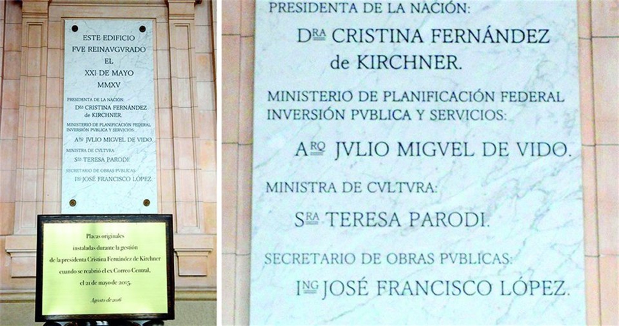Las placas que se encuentran en el CCK, donde figuran los nombres de Cristina Kirchner, Julio De Vido y José López