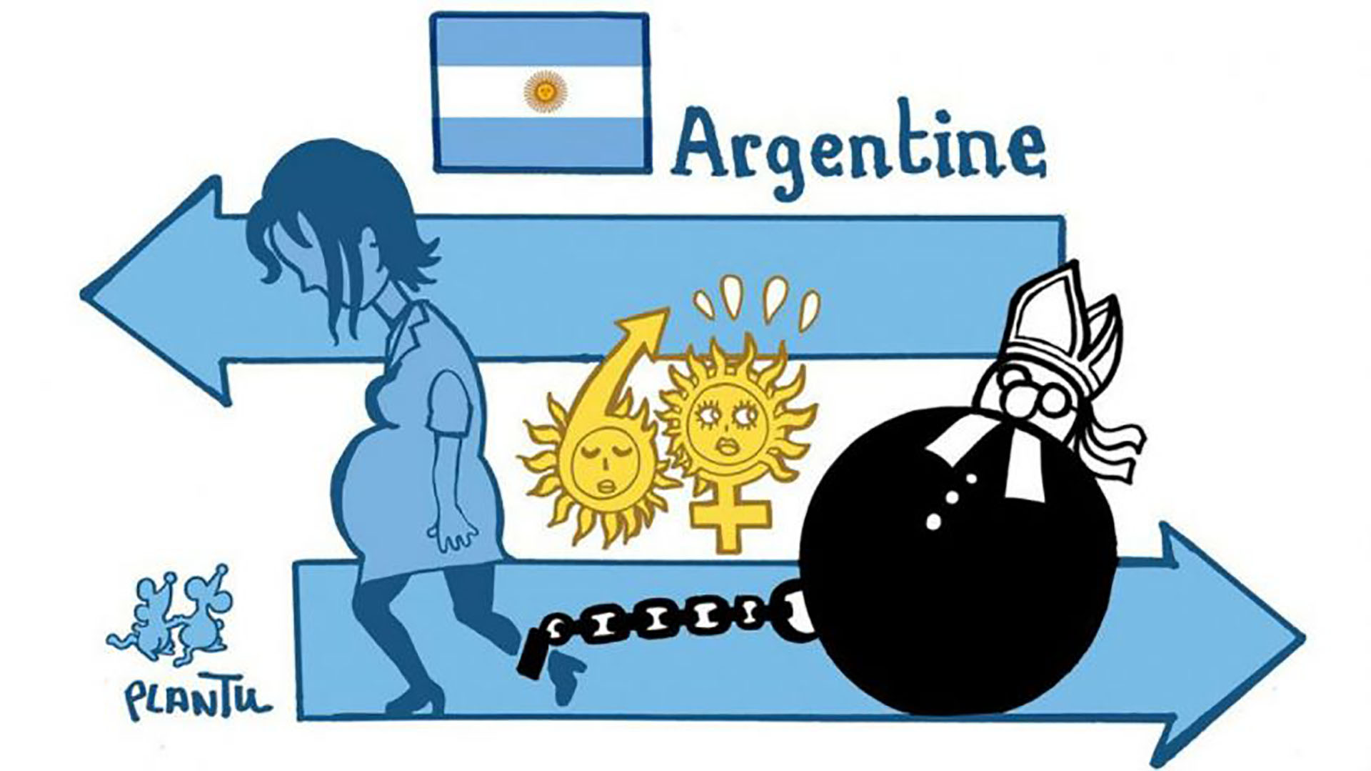 La caricatura con la que Le Monde ilustró la noticia del rechazo a la legalización del aborto por el Senado: una Argentina esclavizada por la Iglesia (dicho desde el país que venera a Juana de Arco)