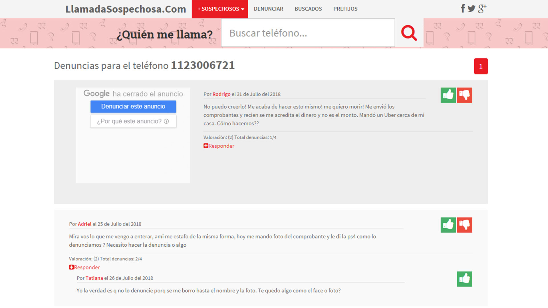 La página para denunciar números sospechosos