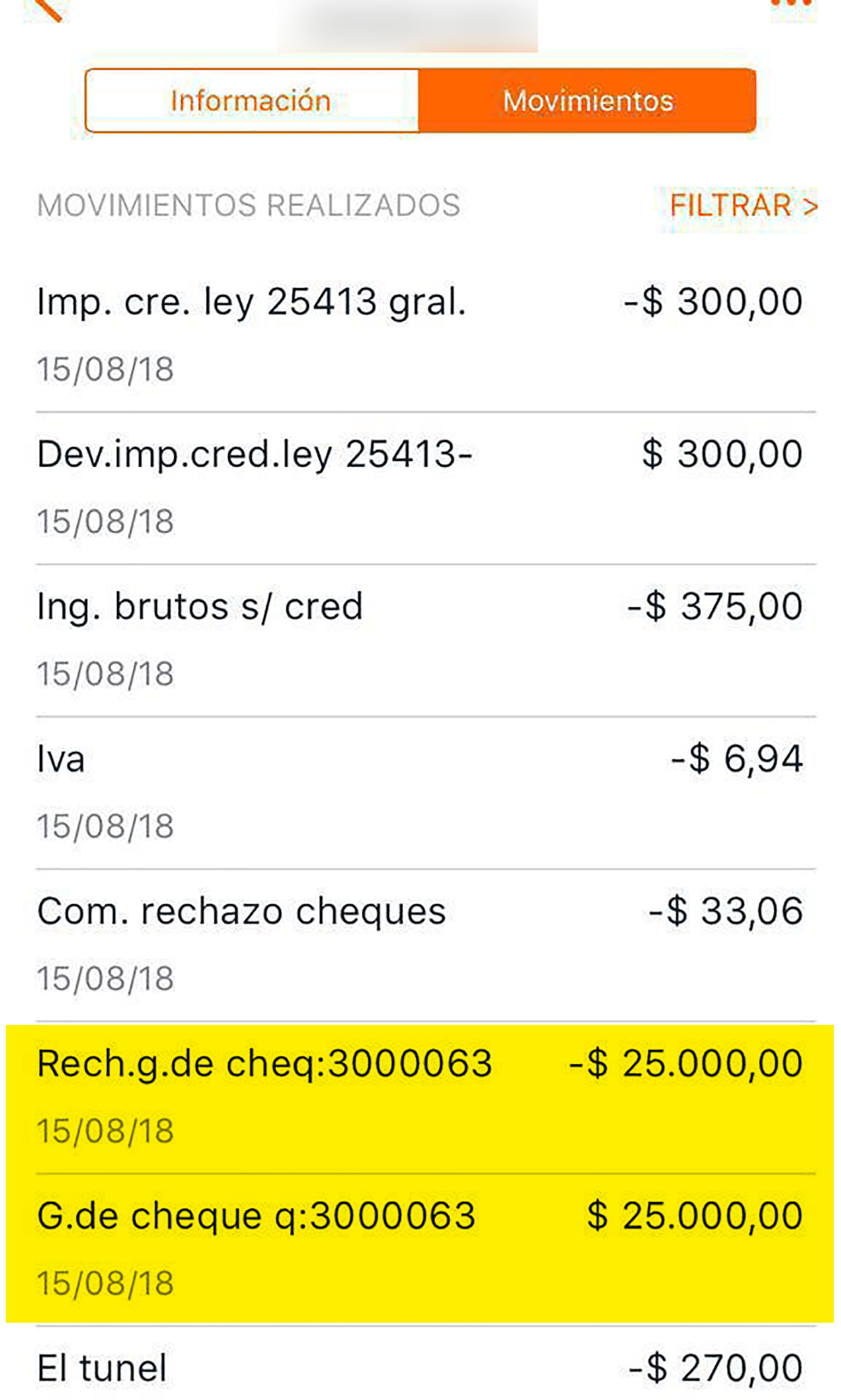 Acá comprobó que el cheque no tenía fondos. Los impuestos por la operación con el cheque, igual se los descontaron.