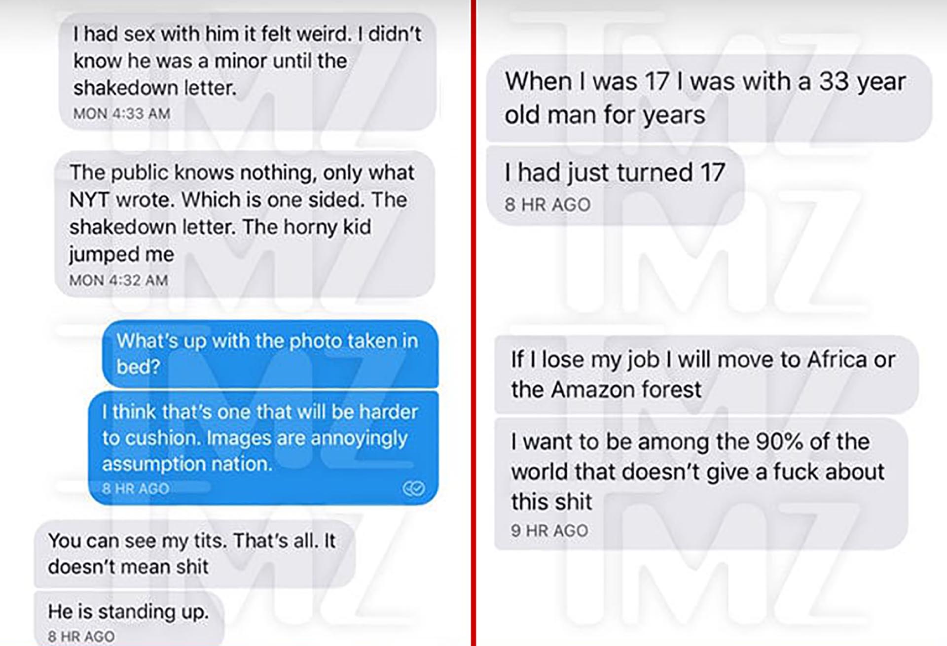 Los mensajes de texto que Asia Argento intercambió con una amiga reconociéndole que tuvieron sexo, pero que fue a instancias del joven actor