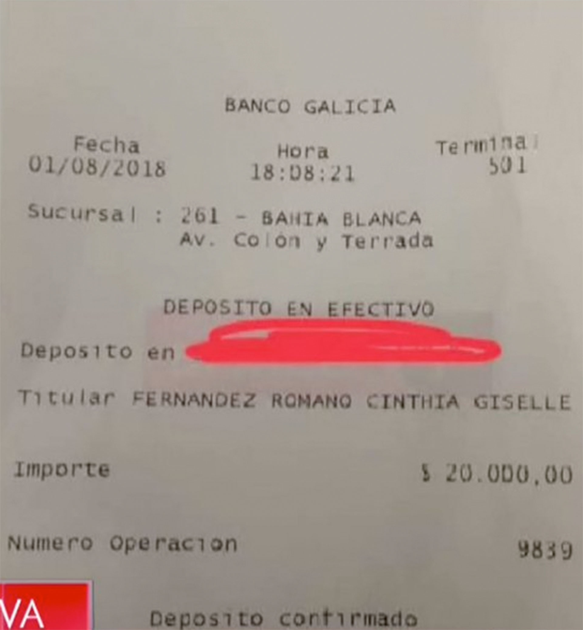Comprobante del depósito en efectivo