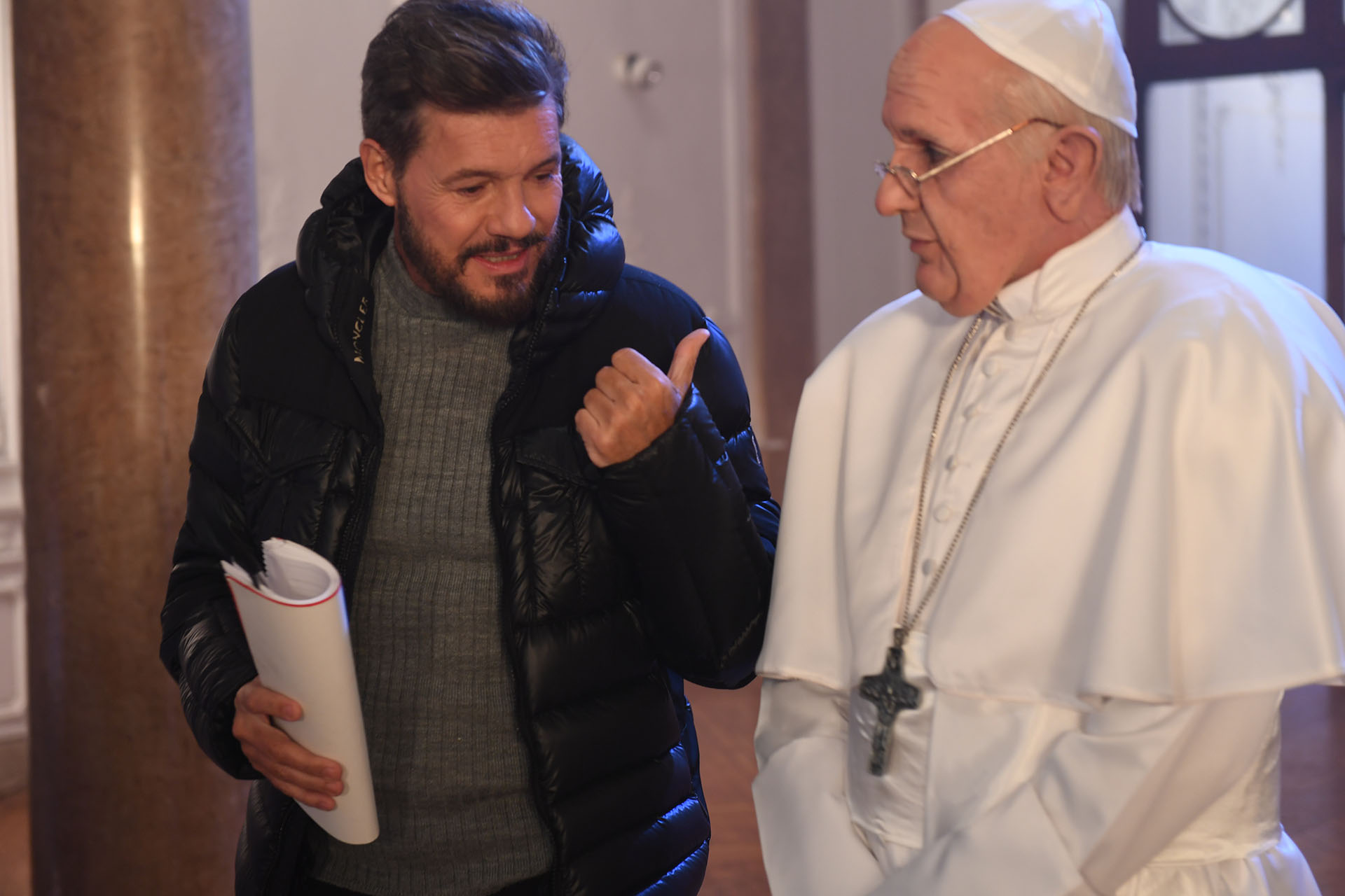 Marcelo Tinelli con el Papa Francisco, imitado por Martín Bossi