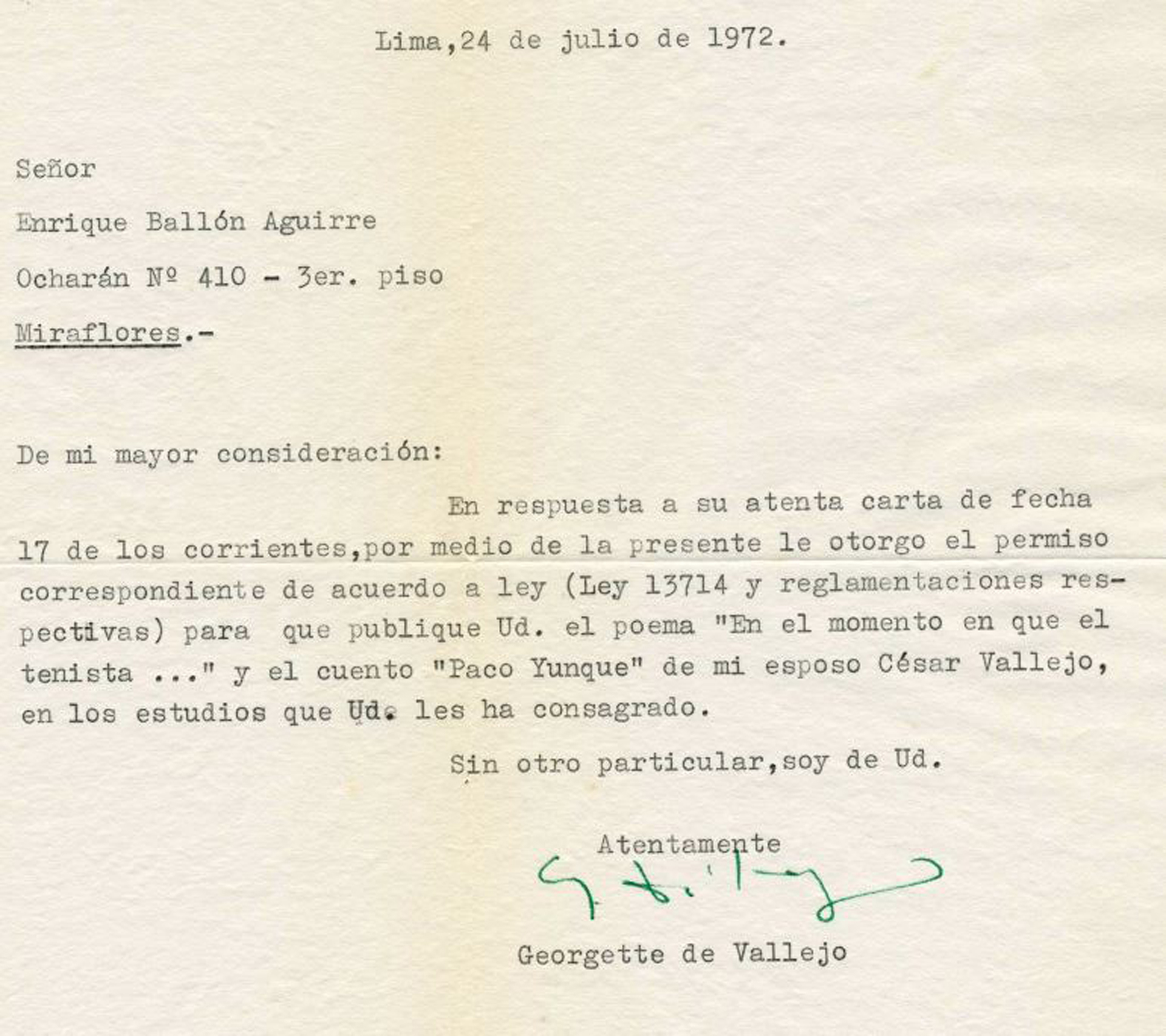La carta que Georgette Vallejo le entregó a Enrique Ballón Aguirre junto a los manuscritos
