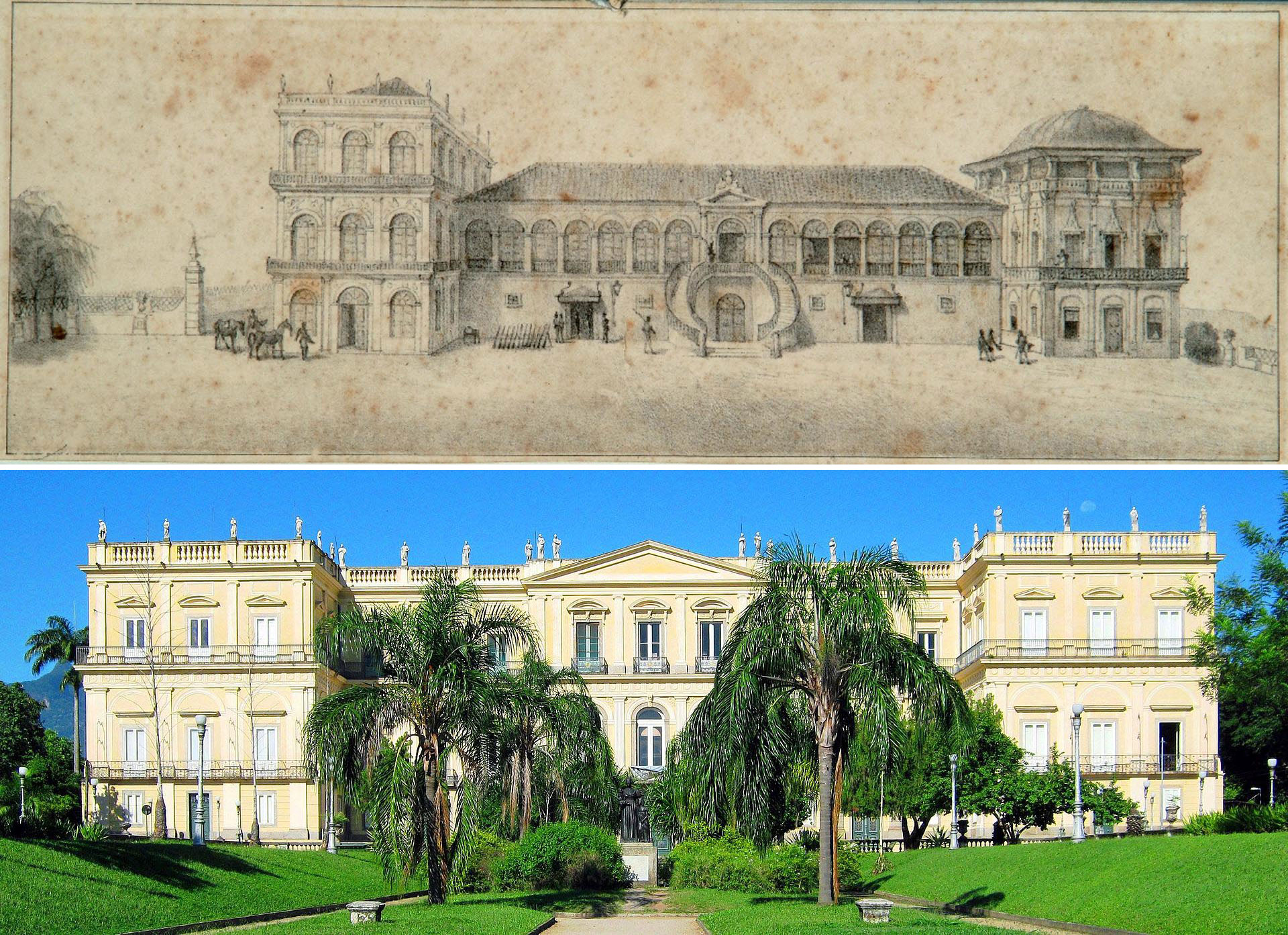 Arriba, el diseño del Palacio en el diseño de Jean Baptiste Debret. Abajo, cómo lucía antes del incendio