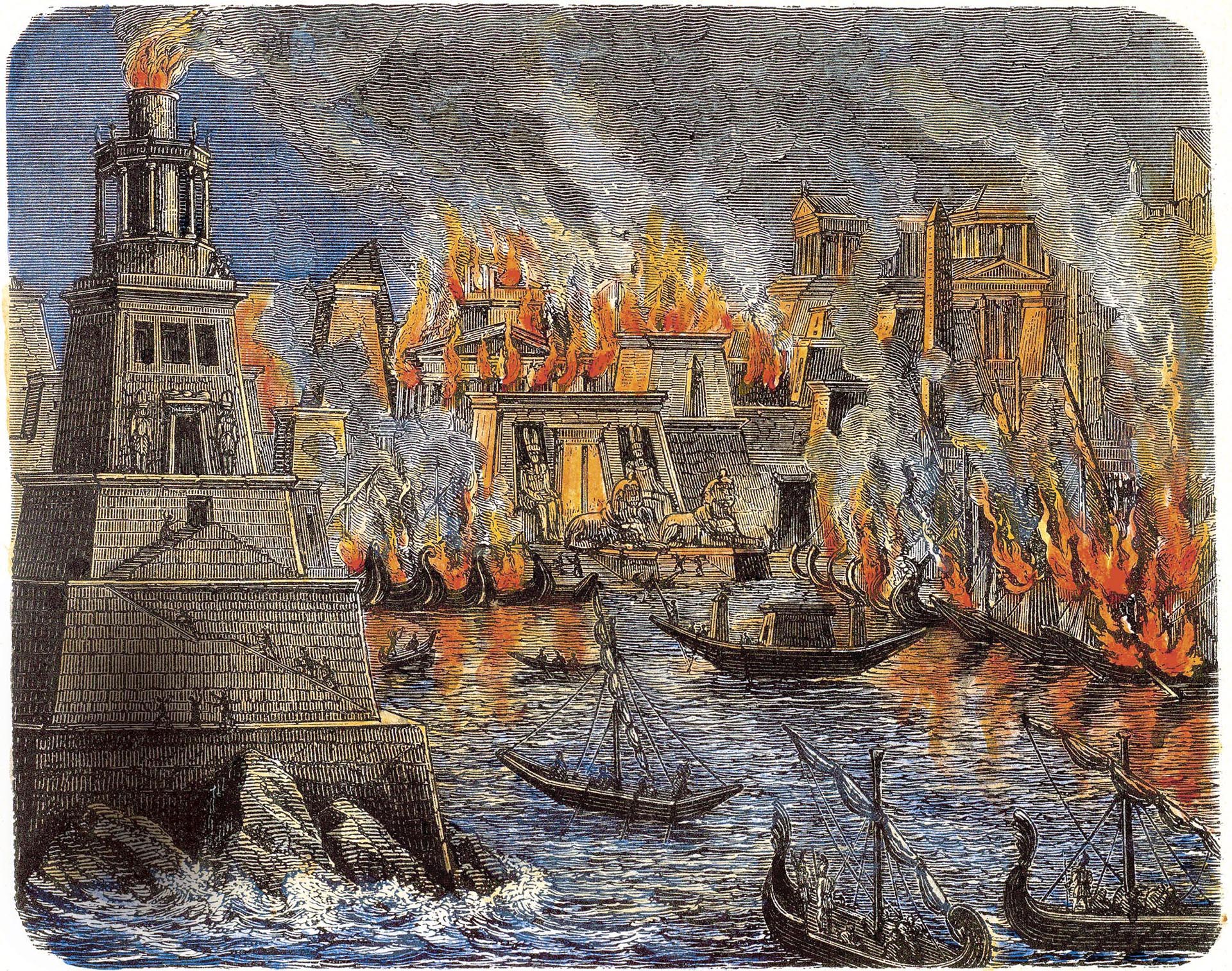 Grabado de 1876 que recrea el incendio que quizá destruyó parte de la Biblioteca