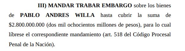 Embargo sideral: 2800 millones de pesos.