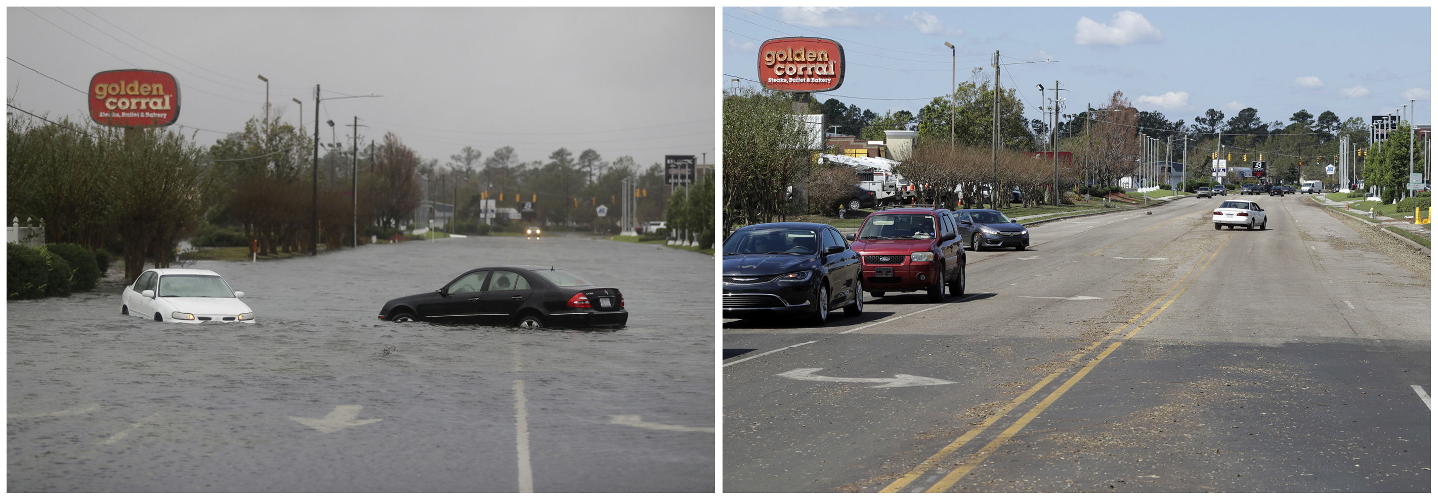 En esta combinación de fotografías, una inundación cubre una calle el 15 de septiembre de 2018, a la izquierda, y después, el 19 de septiembre, a la derecha, cuando había bajado de nivel tras el paso del huracán Florence en Wilmington, Carolina del Norte. (AP Foto/Chuck Burton)