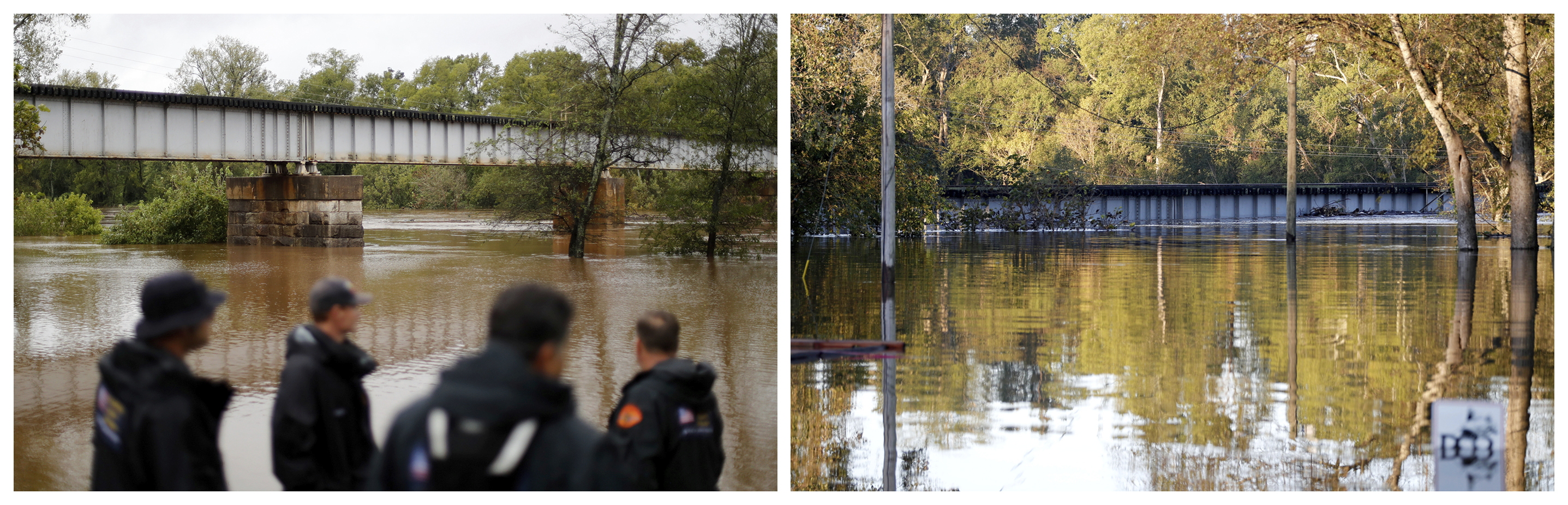 Esta combinación de fotografías muestra al río Cape Fear, el 16 de septiembre de 2018, a la izquierda, y después, el 19 de septiembre, a la derecha, cuando las aguas alcanzaron la parte inferior de un puente tras el paso del huracán Florence, en Fayetteville, Carolina del Norte. (AP Fotos/David Goldman)