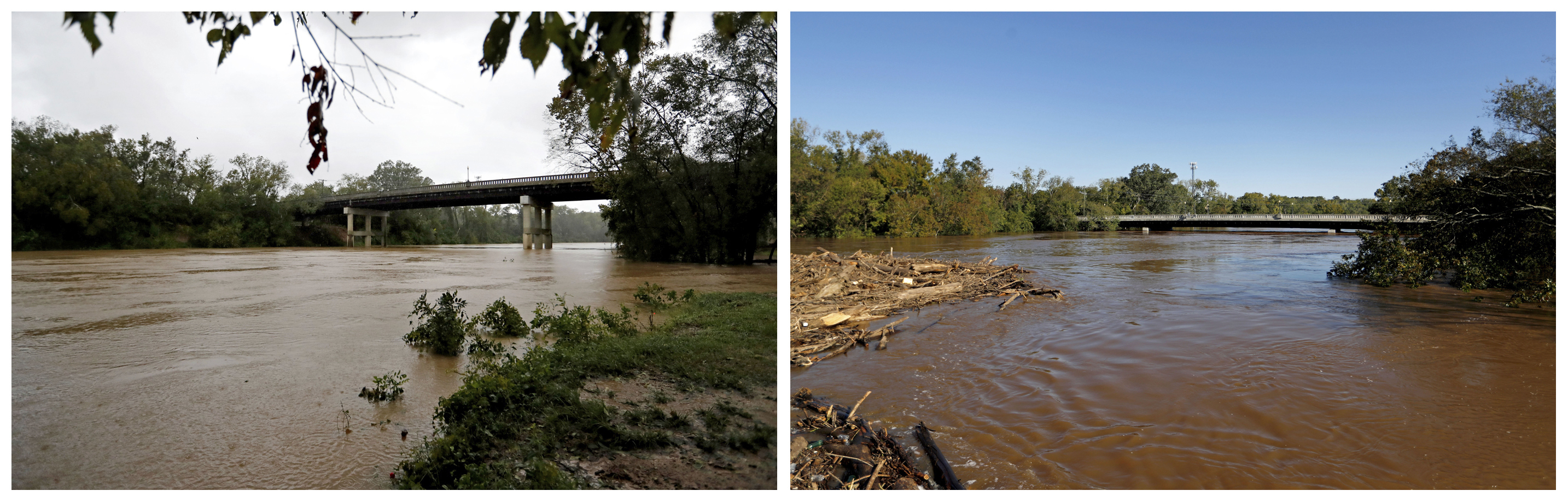 En esta combinación de fotografías, el río Cape Fear corre bajo el puente de la calle Person el 15 de septiembre de 2015, a la izquierda, y después, el 19 de septiembre, a la derecha, tras el paso del huracán Florence en Fayetteville, Carolina del Norte. (AP Foto/David Goldman)