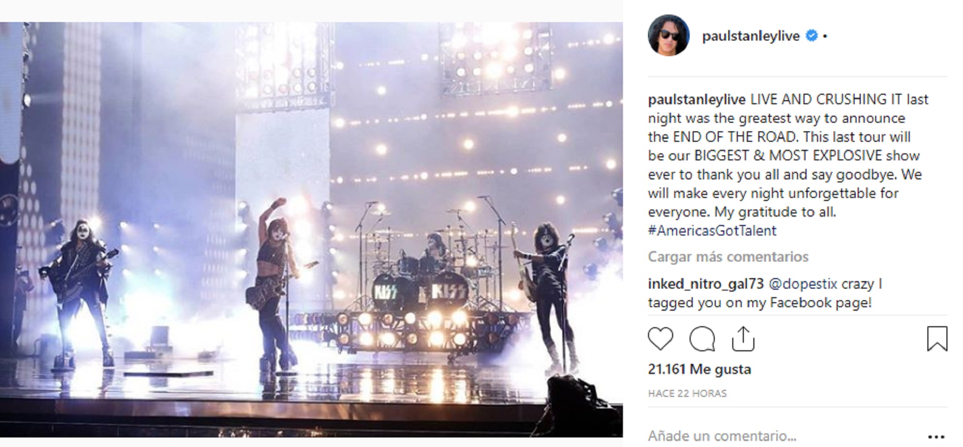 Paul Stanley posteó un mensaje de despedida de la banda tanto en Twitter como en Instagram