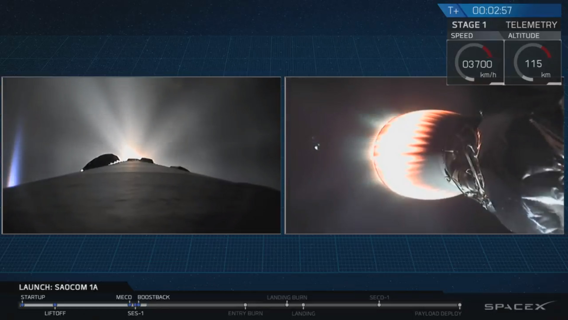 El cohete en primer plano en su recorrido hacia la órbita donde colocará al satélite