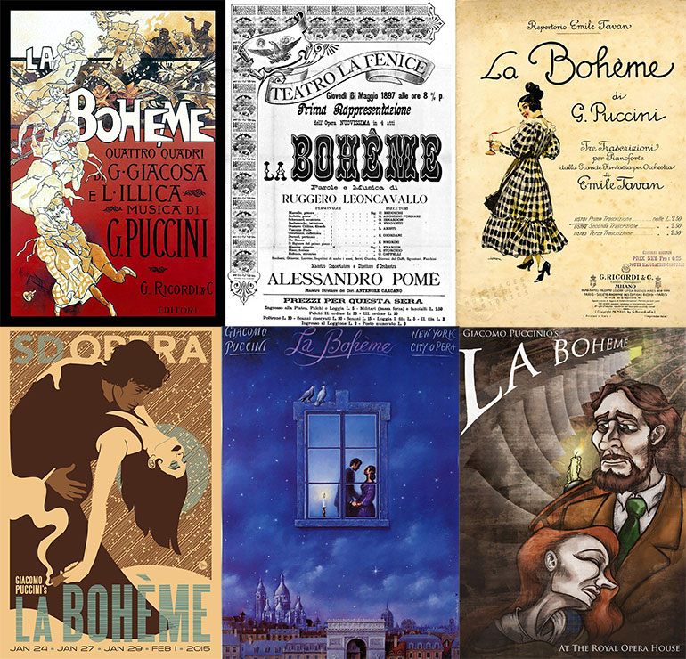 Arriba: el primer cartel de la obra; afiche de 1897; afiche de la Scala de Milán. Abajo: San Diego, Nueva York y Londres