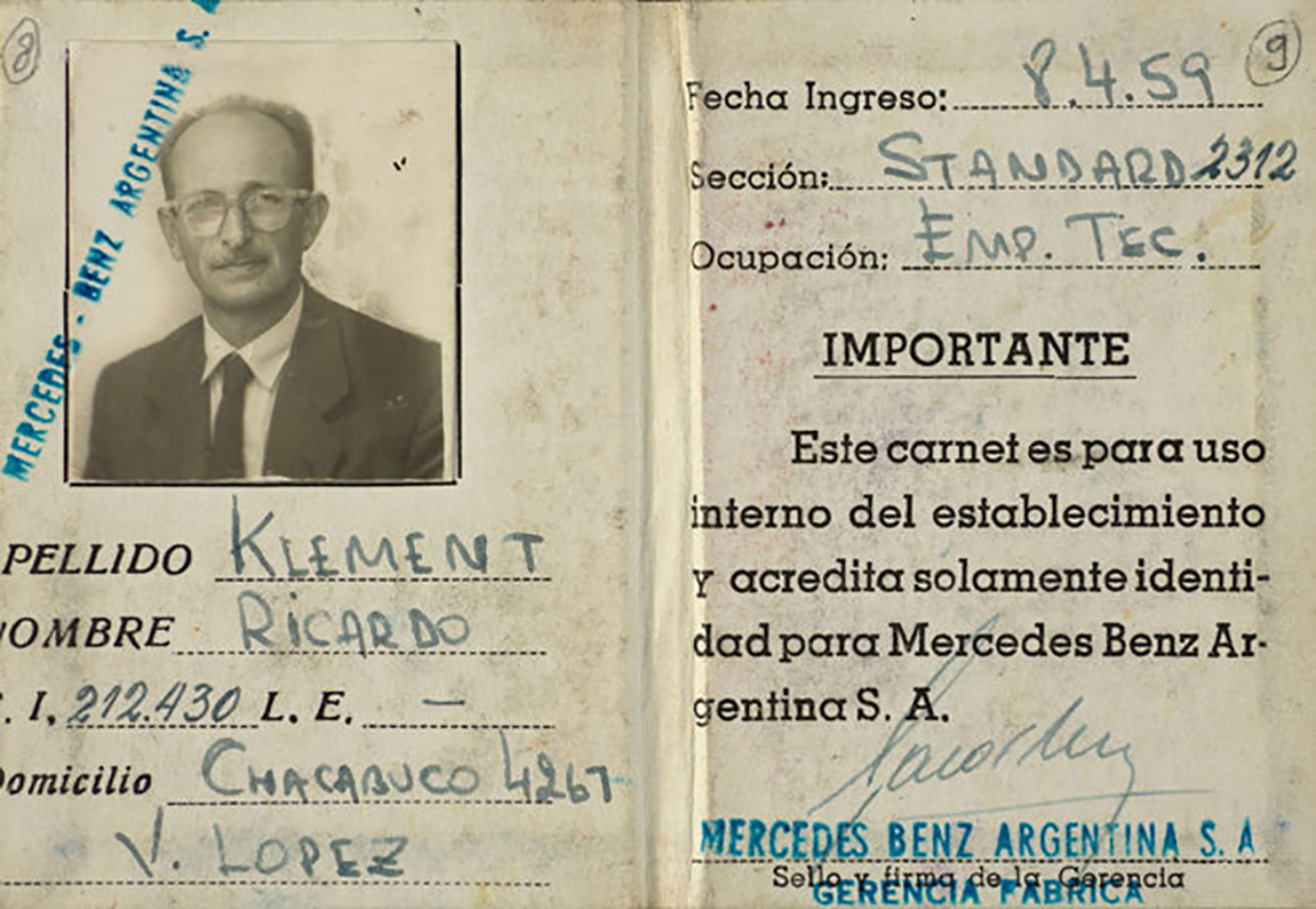 El documento que usaba Adolf Eichmann en la Argentina. Su nombre: Ricardo Klement (Yad Vashem)