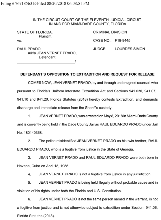 El documento presentado a la fiscalía por el abogado Meltz, y según el cual el hombre arrestado en Miami y el fugitivo de Georgia no eran la misma persona