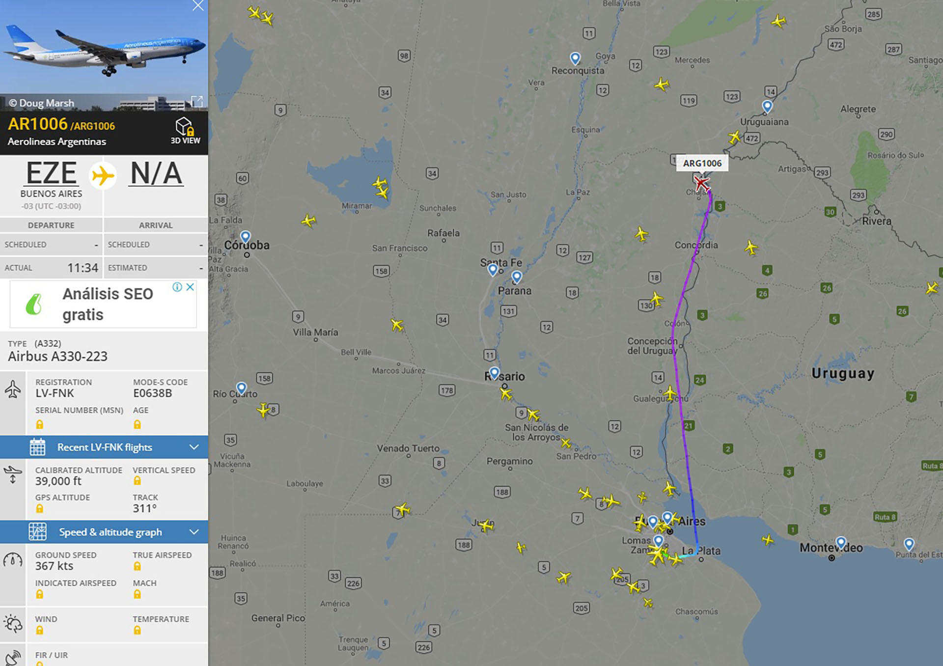 El avión partió a las 11:34 y dos horas después estaba de regreso en Ezeiza (imagen captura: www.flightradar24.com)