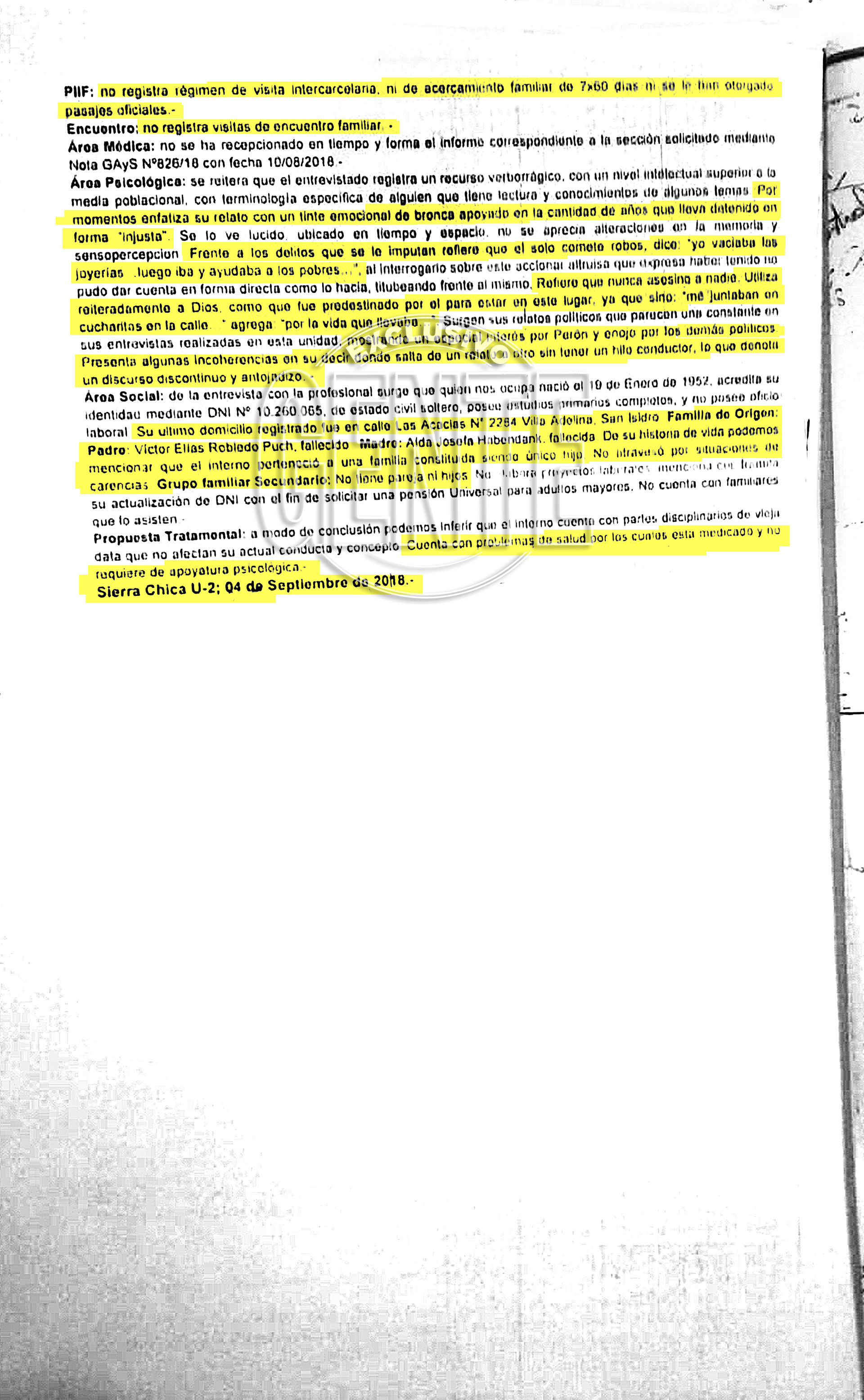 La segunda página del documento donde aparece el informe del Area Psicológica