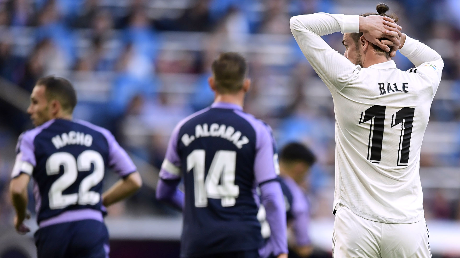 Real Madrid's Welsh forward Gareth Bale gestures during the Spanish league football match between Real Madrid CF and Real Valladolid FC at the Santiago Bernabeu stadium in Madrid on November 3, 2018. (Photo by JAVIER SORIANO / AFP)