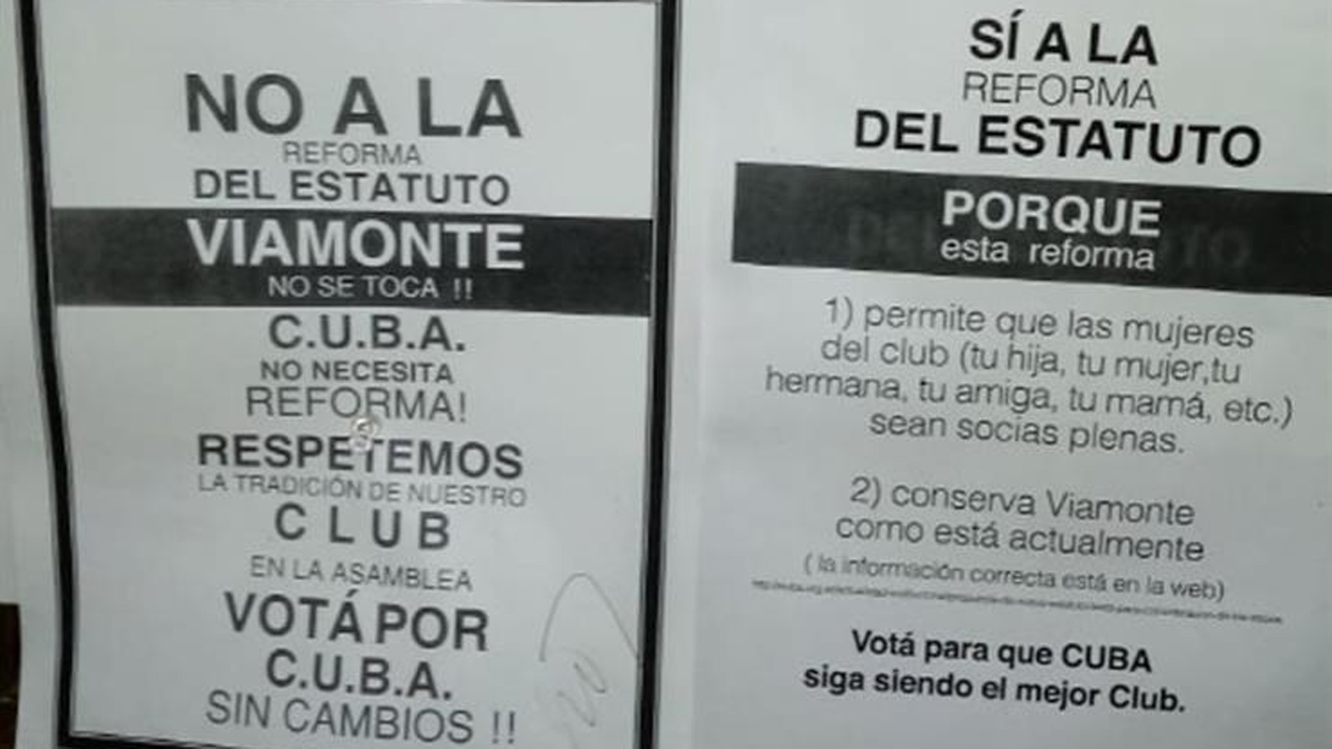 Los carteles a favor y en contra de la reforma que aparecieron en las carteleras del club