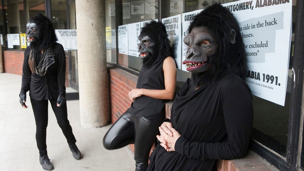 Photo © Andrew Hindraker Guerrilla Girls artists Kathe Kollwitz, Zubeida Agha and Frida Kahlo during a press preview for an exhibition of works by the Guerrilla Girls titled "Not Ready To Make Nice: 30 Years And Still Counting," at the Abrams Art Center, 466 Grand St, New York, NY on Thursday, April 30, 2015. Photograph by Andrew Hinderaker