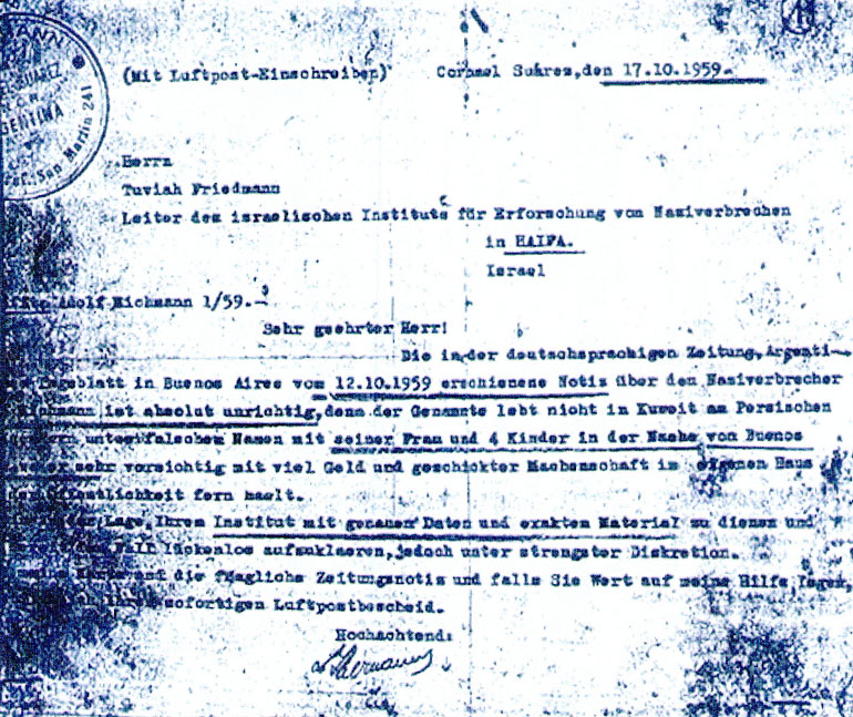La carta de Lothar Hermann informando que Eichmann estaba oculto en la Argentina. La escribió el 17 de octubre de 1959, siete meses antes de la acción del Mossad