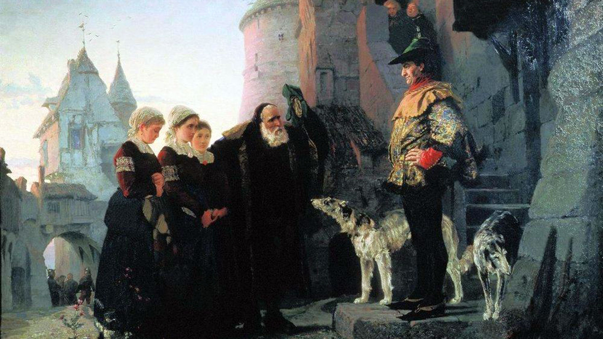 “Le Droit du seigneur” de Vasili Polénov. Un cuadro historicista que recrea el derecho de pernada a través de la escena de un anciano entregando sus jóvenes hijas al señor feudal