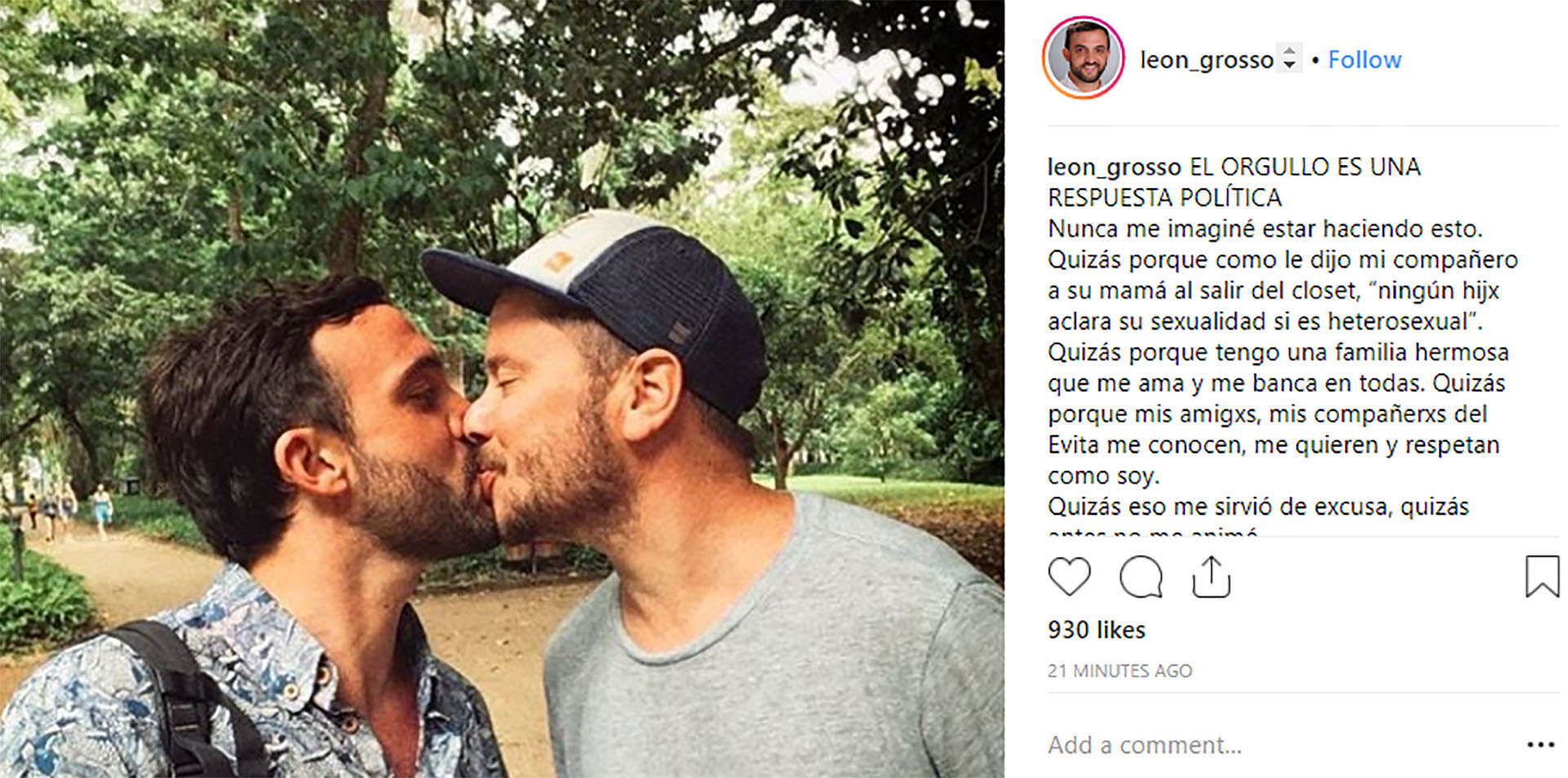 El posteo de Grosso cuando dio conocer que es gay (@leon_grosso)
