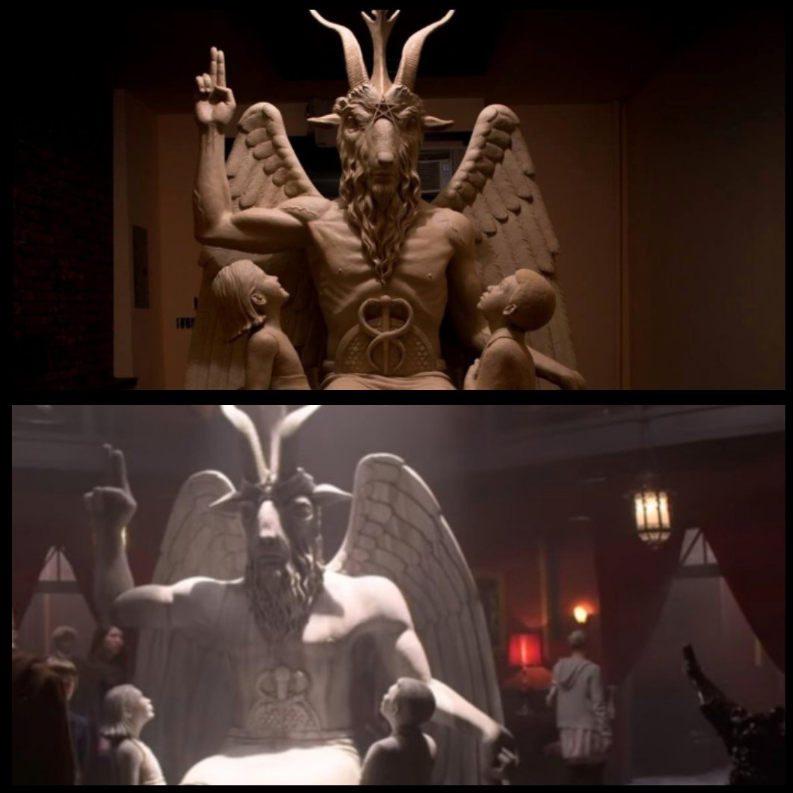 La imagen superior muestra la imagen de la deidad en el Templo Satánico, mientras que la inferior es la estatua que utilizó Netflix para ambientar su nueva serie sobre la bruja Sabrina (Foto: @LucienGreaves)