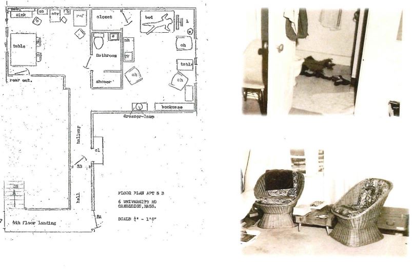 Croquis policial del apartamento de Jane Britton en el número 6 de University Road en Cambridge, Massachussetts