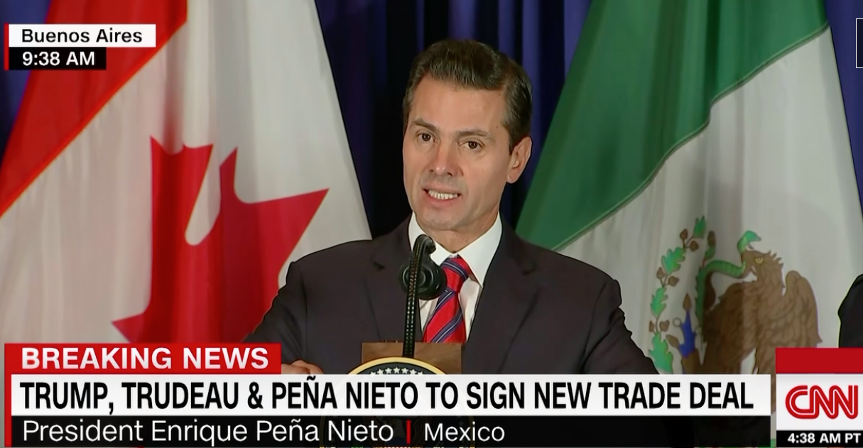 Peña Nieto says the new trade agreement reaffirms the importance of economic integration in North America.